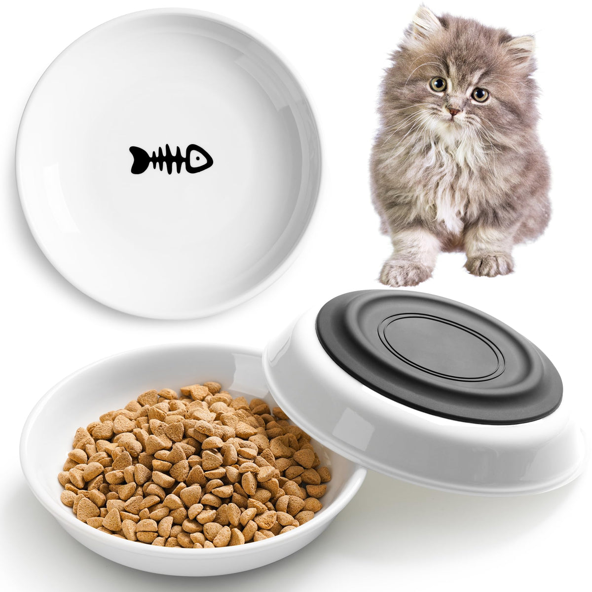 Cat Food Bowl, Whisker Friendly Ceramic Cat Bowls with Nonslip Silicone Bottom, Pack of 3 Quiet Dishes and Plates for Feeding Indoor Cats, Kittens and Small Dogs(Fishbone,Shallower)