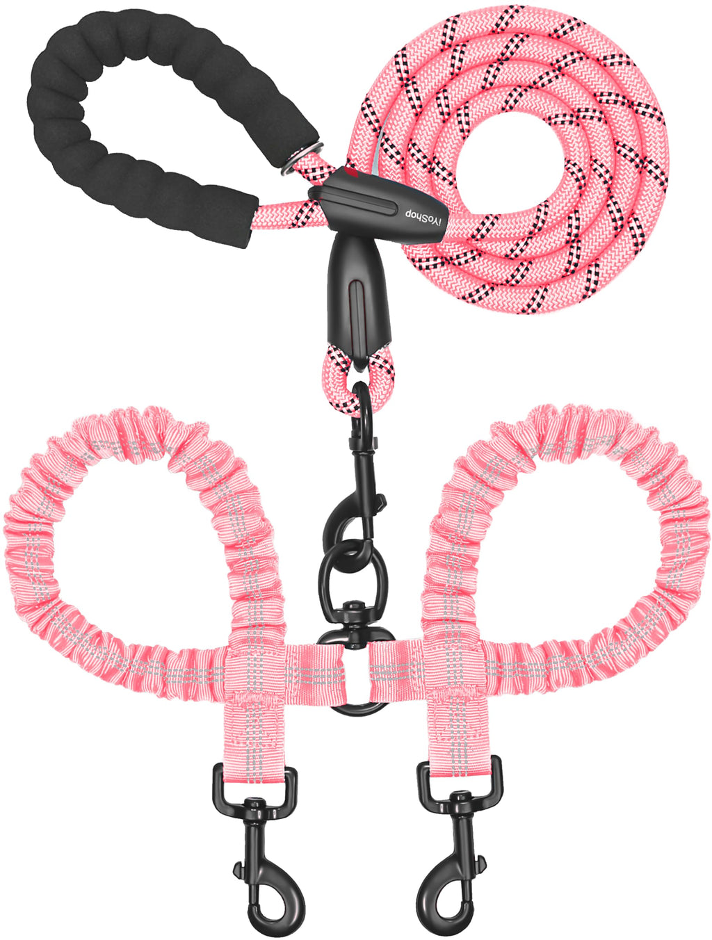iYoShop Double Dog Leash, 360° Swivel, No Tangle, Large, 25-150 lbs, Black