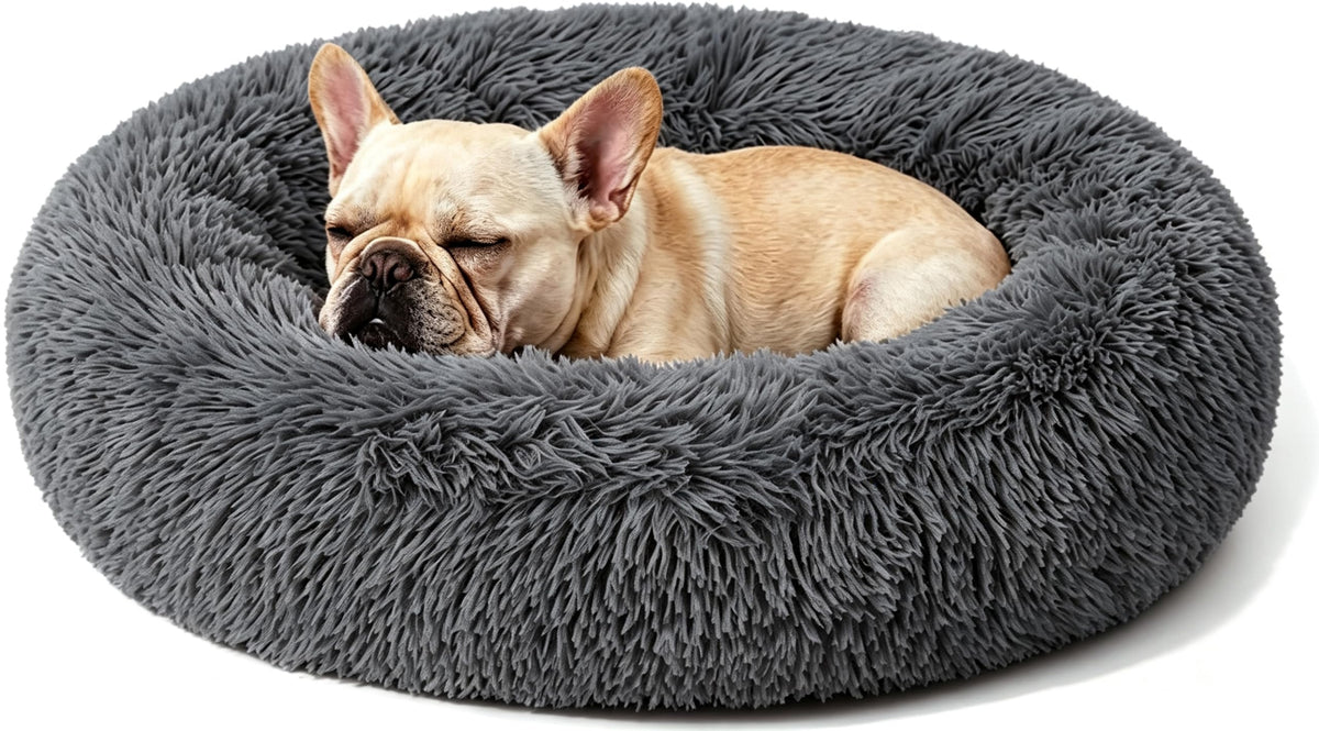 Calming Donut Dog and Cat Bed for Indoor Cats, Anti-Anxiety Round Fluffy Soft Washable Small Pet Bed for Puppy and Kitten, Warming Comfortable Luxury Anti-Slip Waterproof Mute Base 20in Gray