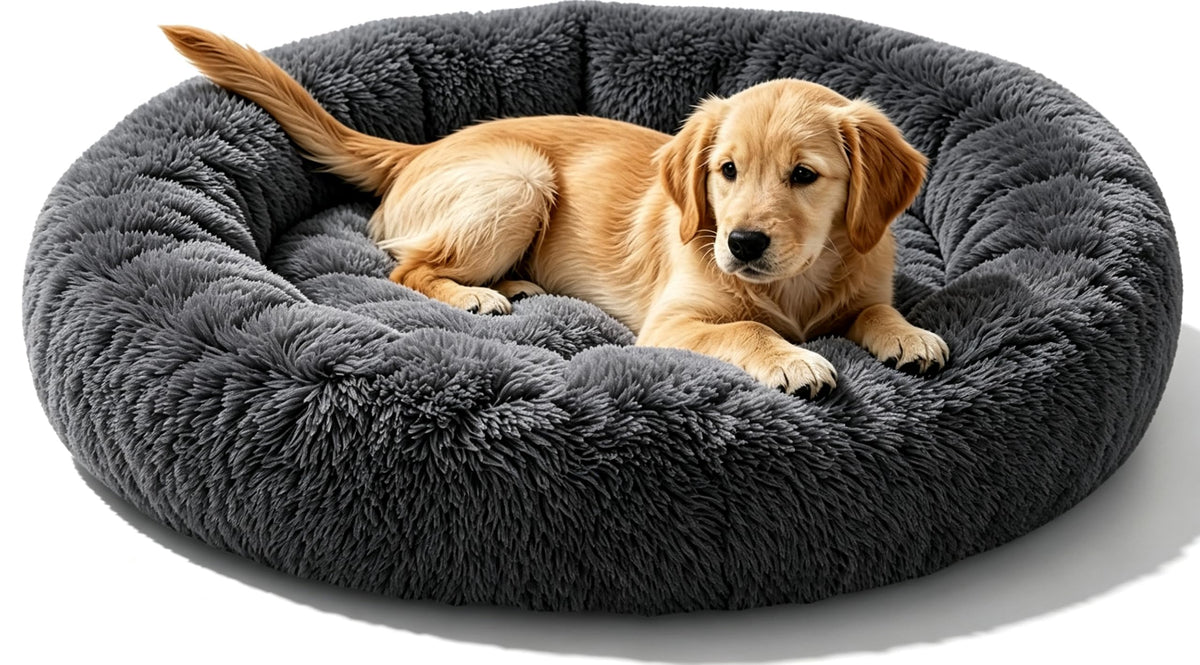 Calming Donut Dog and Cat Bed for Indoor Cats, Anti-Anxiety Round Fluffy Soft Washable Small Pet Bed for Puppy and Kitten, Warming Comfortable Luxury Anti-Slip Waterproof Mute Base 20in Gray