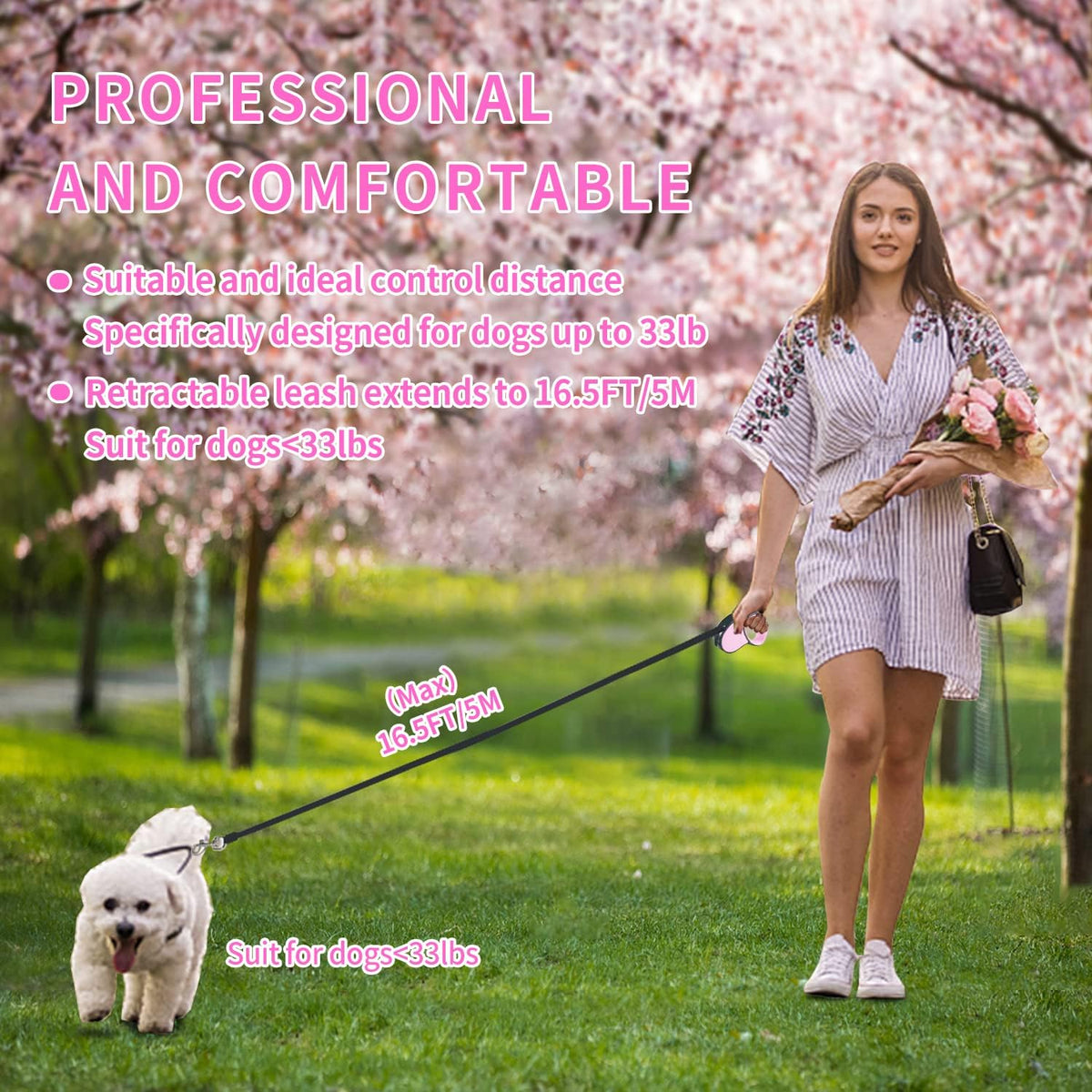 Retractable Dog Leash 16Ft/5M for Small Medium Dogs, Pink