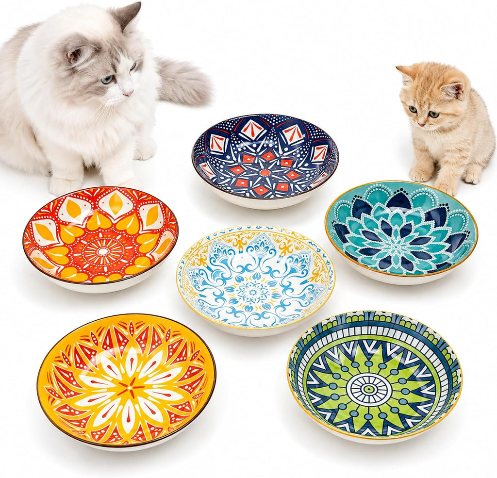 Ceramic Cat Bowls Set of 6 - Colorful Cute Shallow Cat Dishes - Great for Multi-Pet Homes - 5.6 Inch, Whisker Friendly and Wide - Microwave & Dishwasher Safe - 5.3 oz (185 ml)