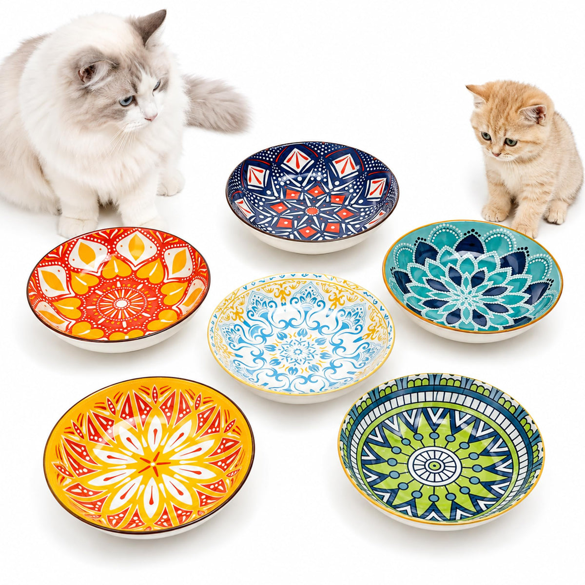 Ceramic Cat Bowls Set of 6 - Colorful Cute Shallow Cat Dishes - Great for Multi-Pet Homes - 5.6 Inch, Whisker Friendly and Wide - Microwave & Dishwasher Safe - 5.3 oz (185 ml)