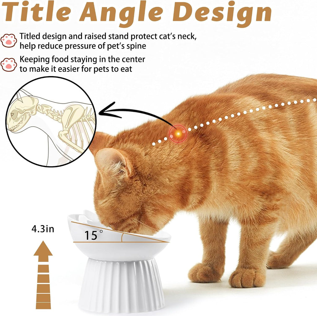 Ceramic Raised Cat Bowl，Tilted Raised Cat Bowl Anti Vomit Cat Bowls for Indoor Cats Whisker Friendly Pet Feeder for Cats Puppies, Microwave and Dishwasher Safe