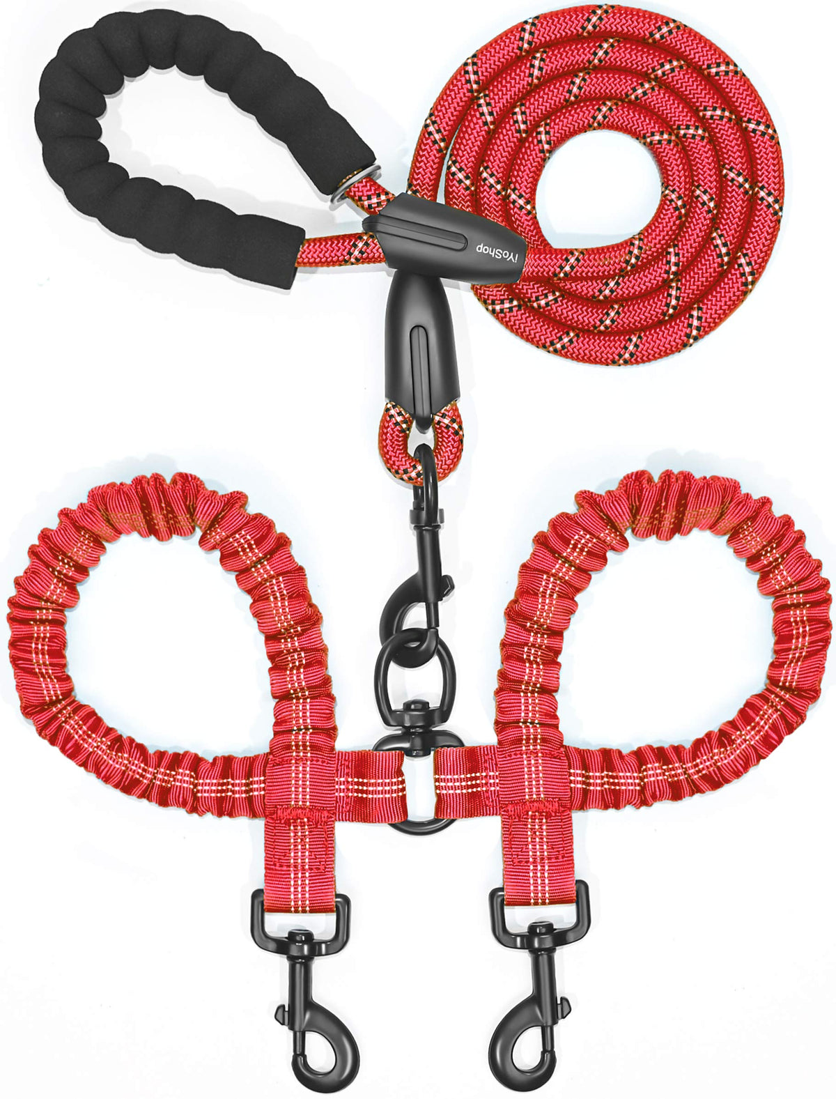 iYoShop Double Dog Leash, 360° Swivel, No Tangle, Large, 25-150 lbs, Black