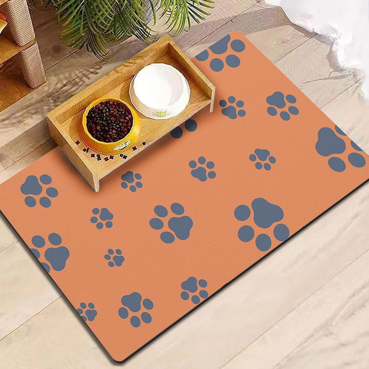 18"×30" Dog Food Mat-Absorbent Dog Mat for Food and Water, No Stains Quick Dry Cat Food Bowl Mat with Footprints for Messy Drinkers,Dark Grey
