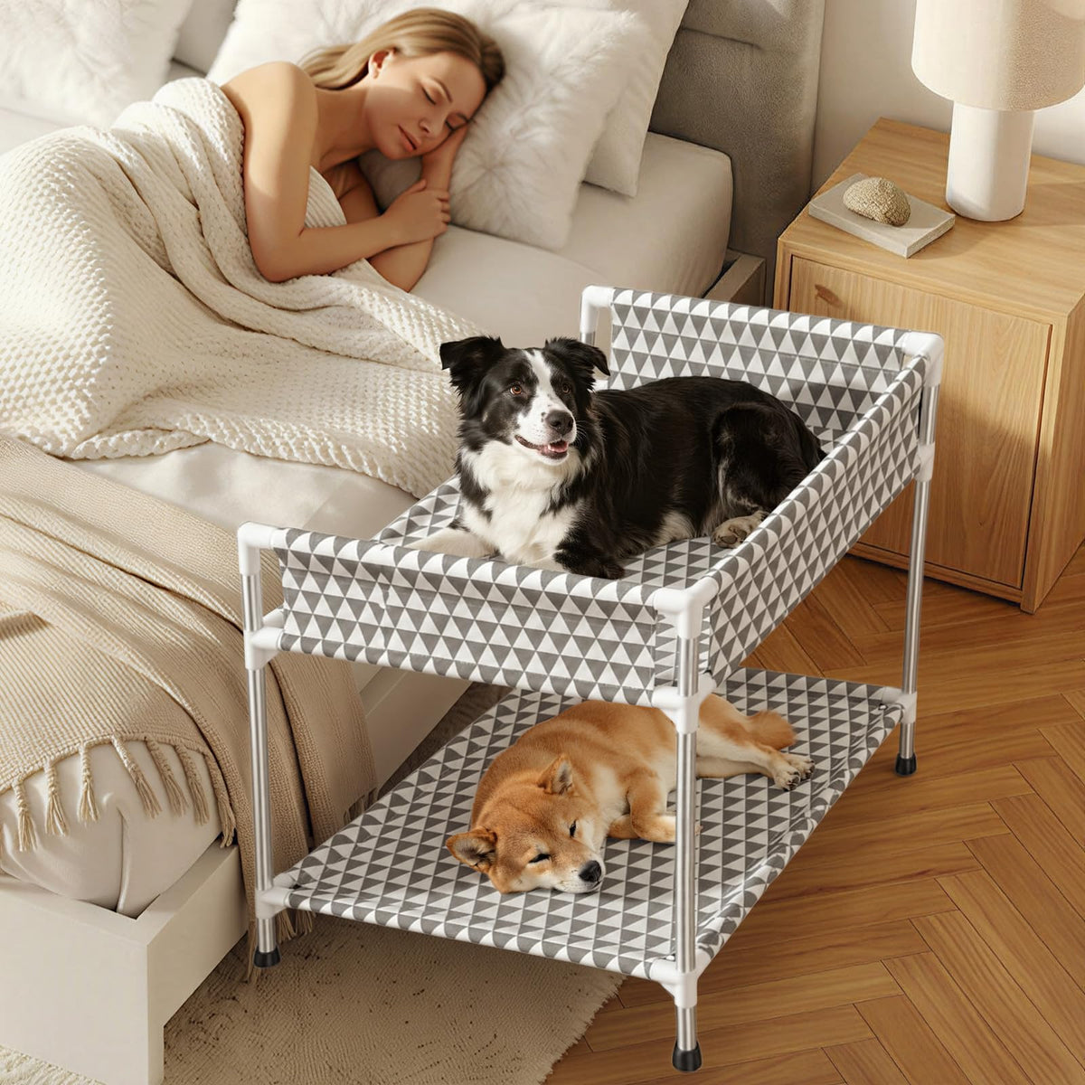 Kuntrust Bedside Dog Bed for 2 Pets with 3-Sided guardrail,S