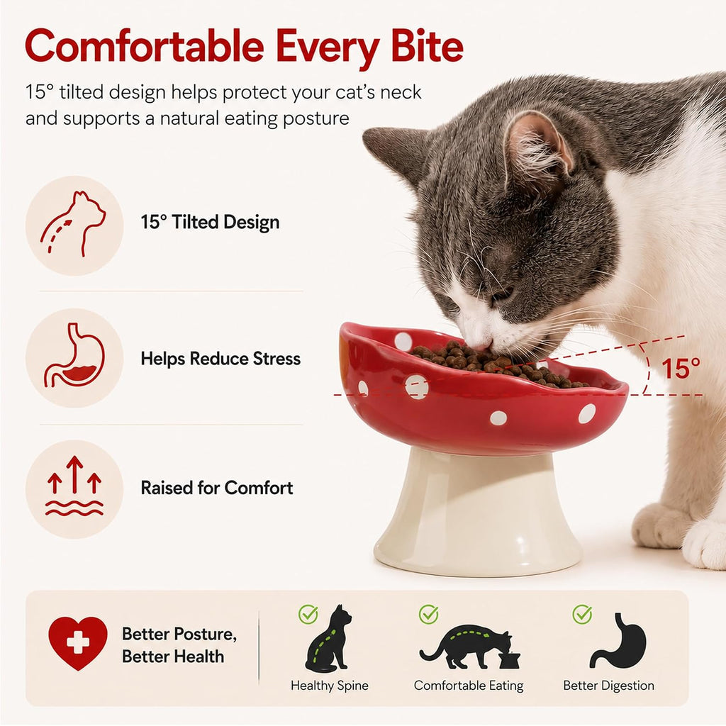 Red Mushroom Cat Bowl, Elevated Ceramic Bowl for Cats