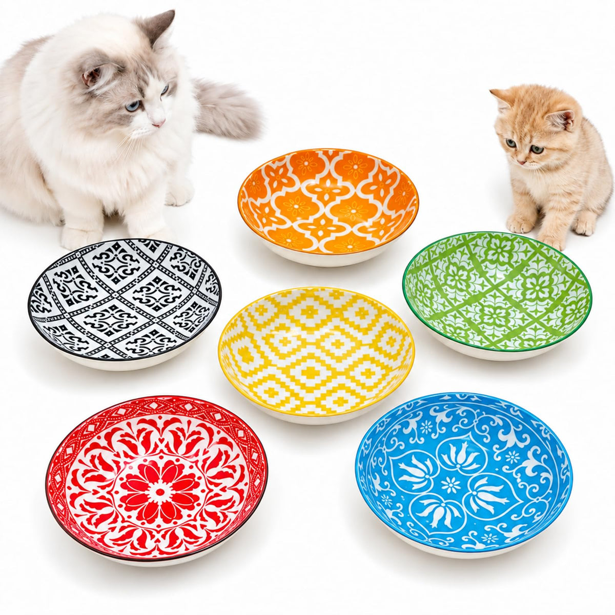 Ceramic Cat Bowls Set of 6 - Colorful Cute Shallow Cat Dishes - Great for Multi-Pet Homes - 5.6 Inch, Whisker Friendly and Wide - Microwave & Dishwasher Safe - 5.3 oz (185 ml)