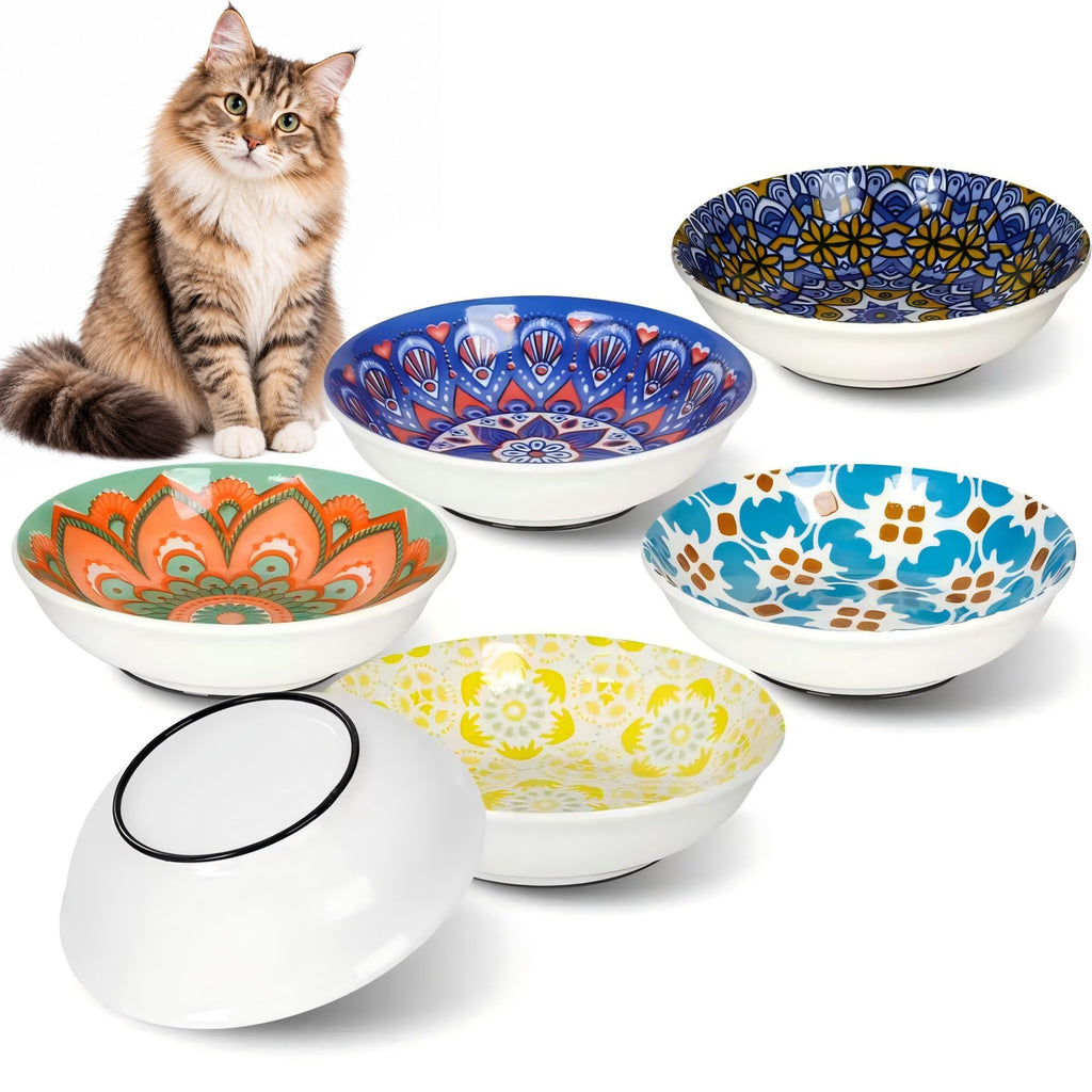 Ceramic Cat Food Bowls, 6 Pack 5.7-in Non-Slip Cat Dishes for Food, Water