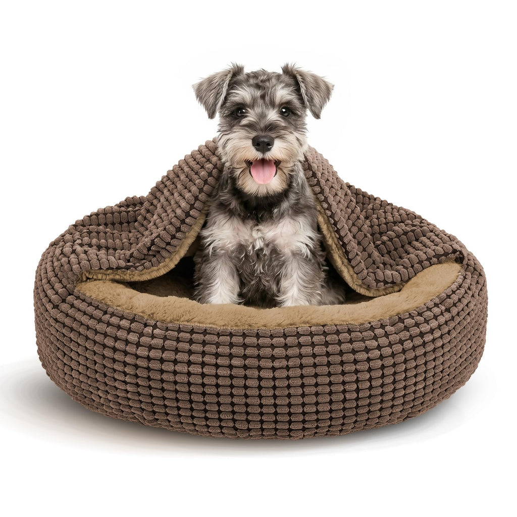 Small Dog Bed with Attached Blanket, Cozy Donut Cuddler Anti-Anxiety Hooded Pet Beds Calming Cave Bed. Orthopedic Round Puppy Beds for Dogs or Cats Washable, Anti-Slip Bottom, 23inch