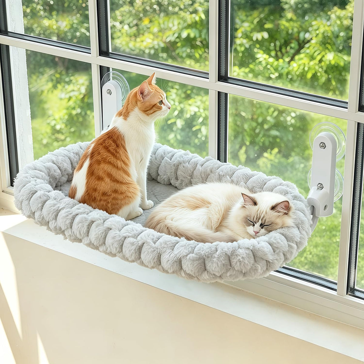 AMOSIJOY Cordless Cat Window Perch with Cushion Bed Metal Frame, L White