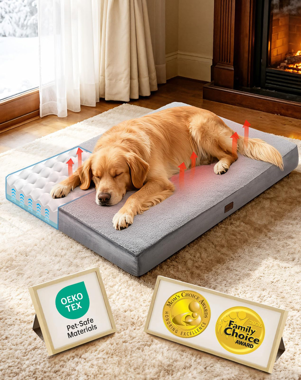 OhGeni Orthopedic Large Dog Bed, Reversible Memory Foam, 41 inch-XL(Gray)