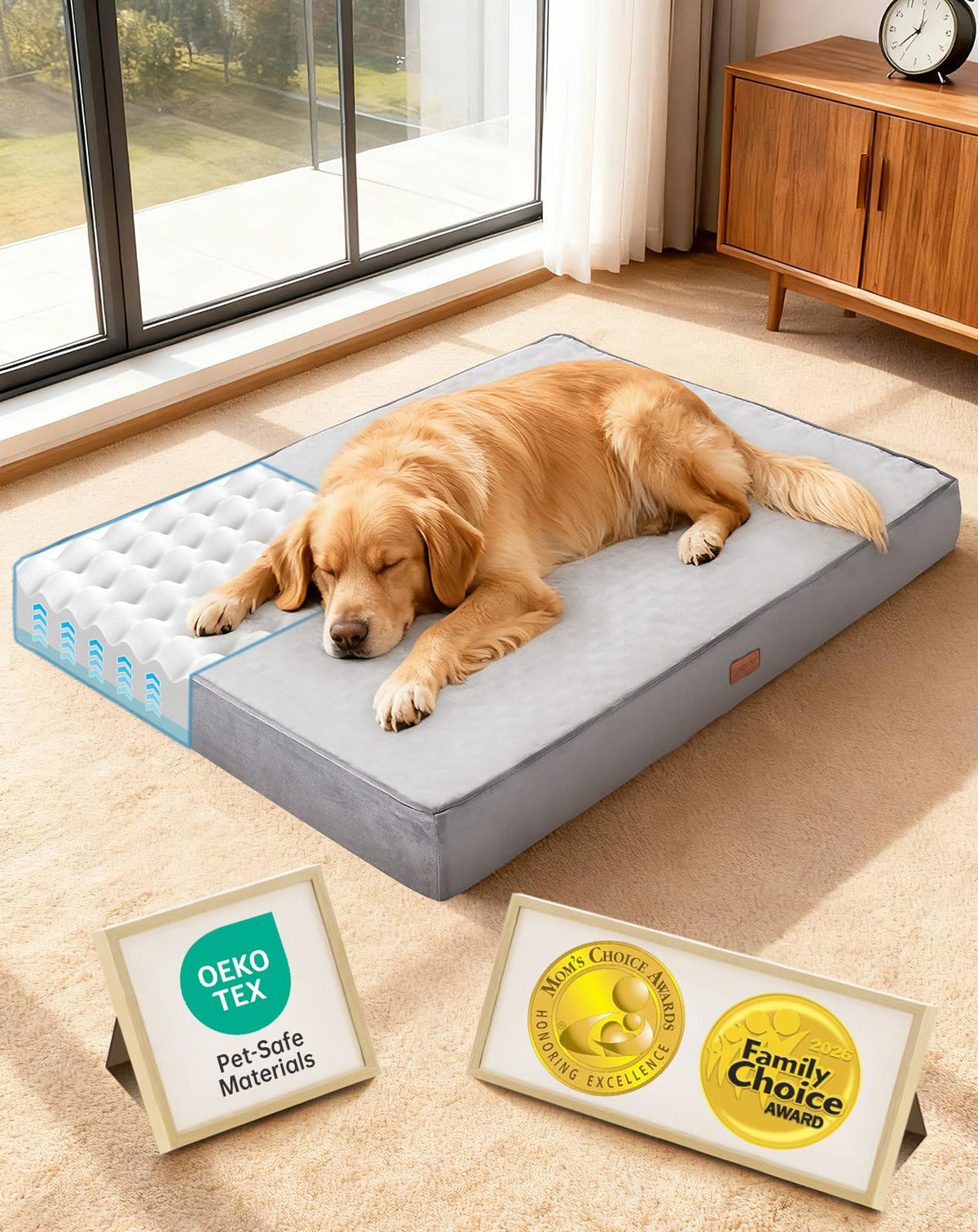 OhGeni Orthopedic Large Dog Bed, Reversible Memory Foam, 41 inch-XL(Gray)
