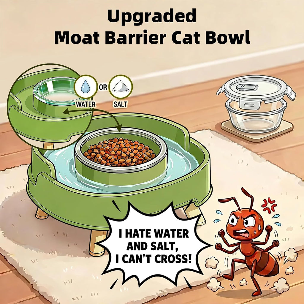 2 Pack Ant Not Cross Elevated Cat Bowls Mess Proof-4 Food Grade Glass Bowls & 2 Lids- No Spill Cat Food and Water Feeding Station for Cats&Puppy Indoor & Outdoor,No Whisker Fatigue Dish,Green