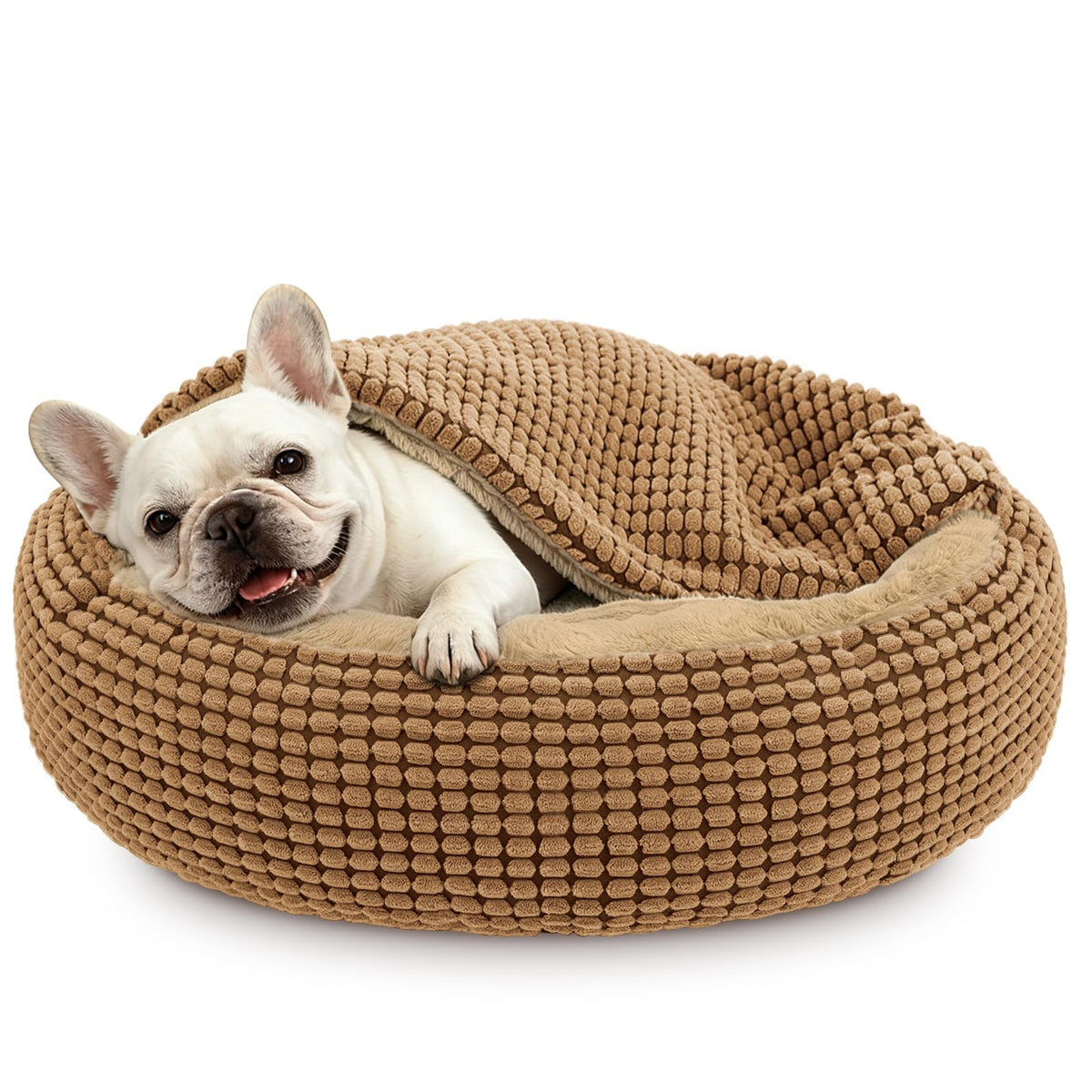 Small Dog Bed with Attached Blanket, Cozy Donut Cuddler Anti-Anxiety Hooded Pet Beds Calming Cave Bed. Orthopedic Round Puppy Beds for Dogs or Cats Washable, Anti-Slip Bottom, 23inch