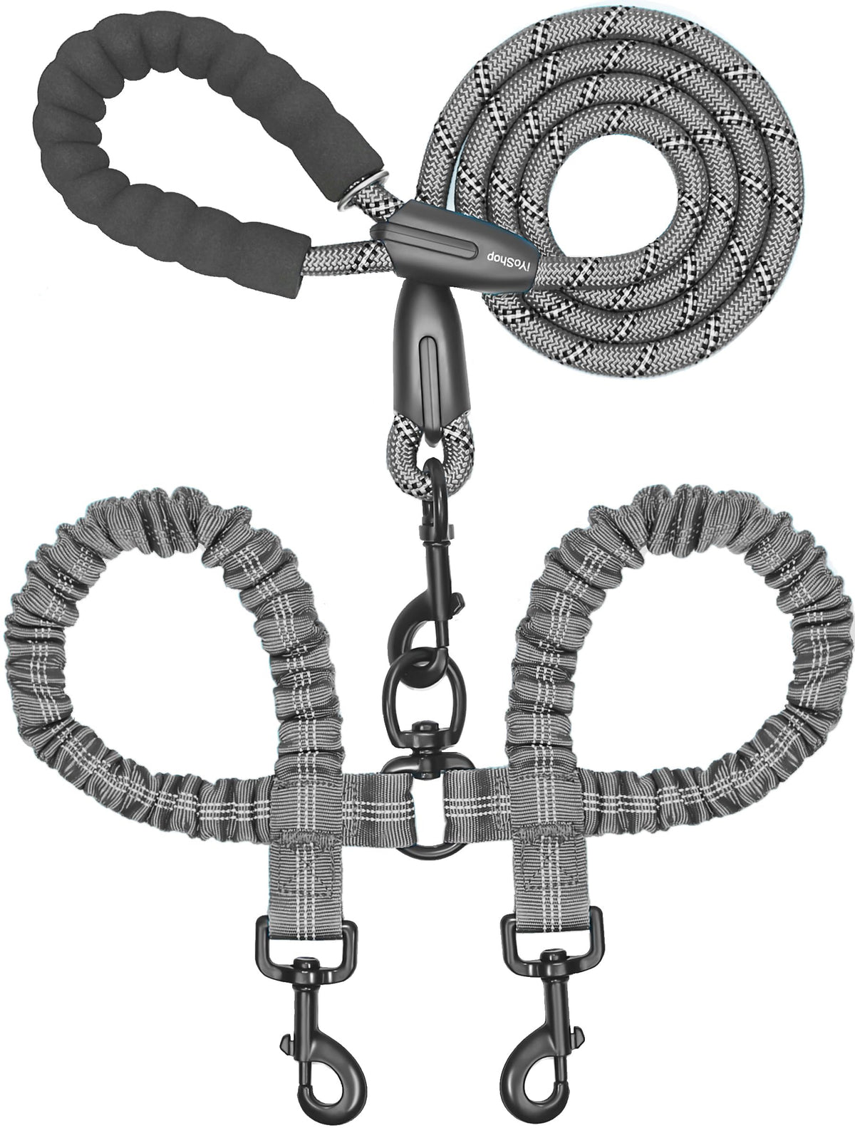 iYoShop Double Dog Leash, 360° Swivel, No Tangle, Large, 25-150 lbs, Black
