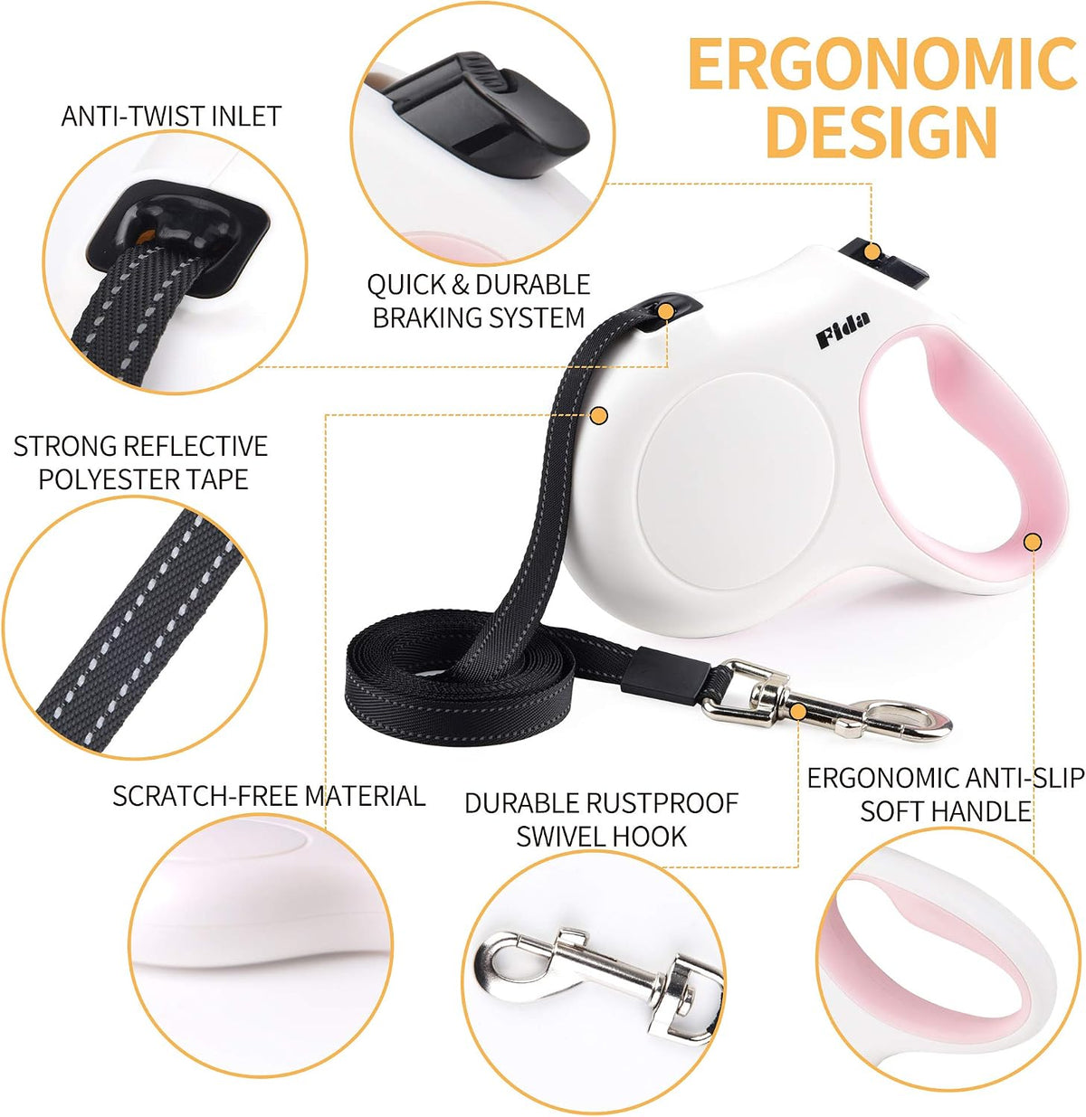 Fida Retractable Dog Leash with Dispenser and Poop Bags, 16ft, White & Pink