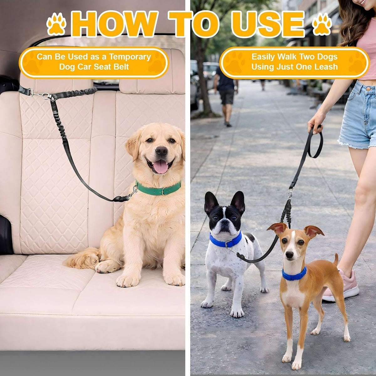 Double Dog Leash for Two Dogs, Professional No Tangle 360° Swivel Coupler with Shock Absorbing Bungee, Adjustable Length Dual-Sided Reflective Two Dogs Lead Splitter for Small Medium Large Dog