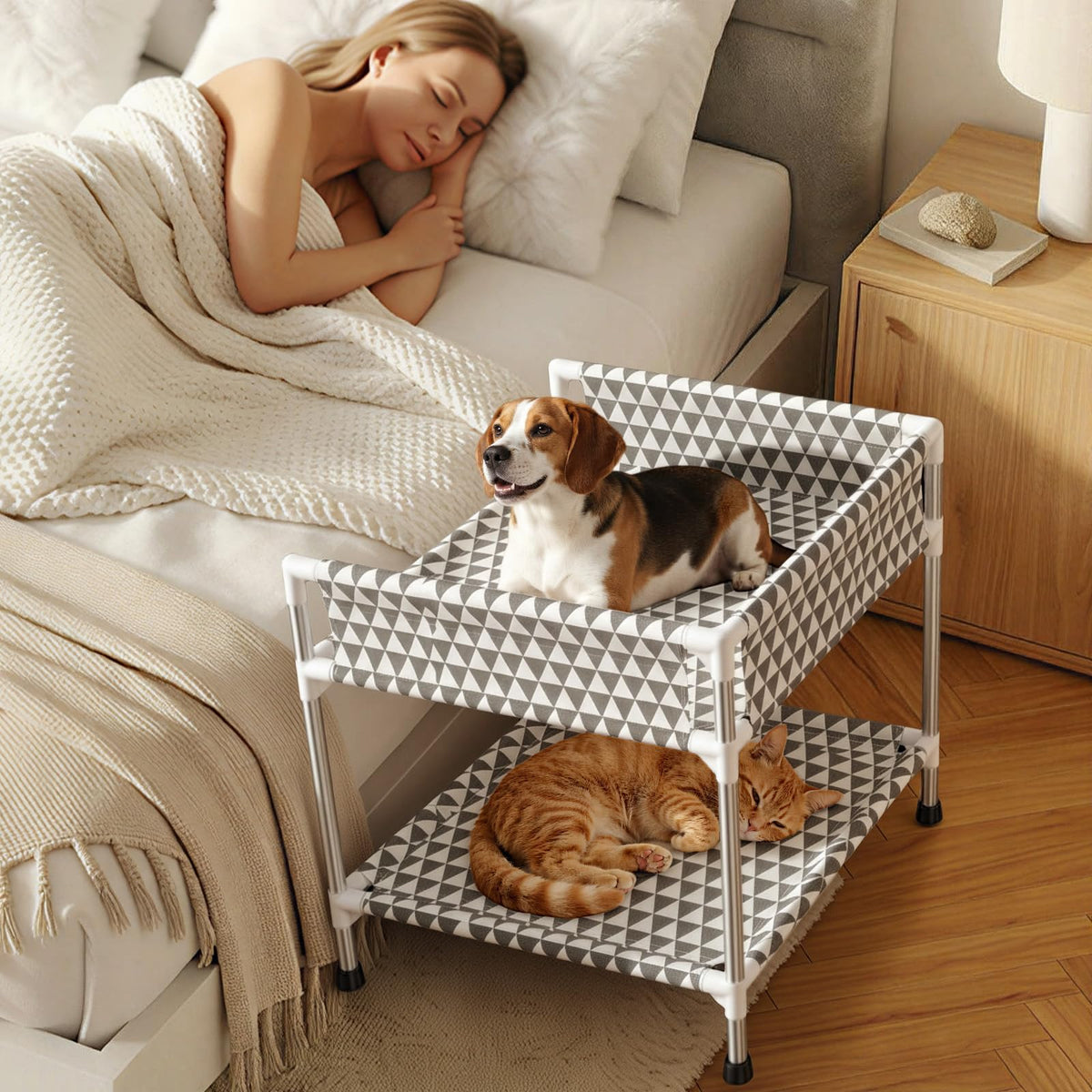 Kuntrust Bedside Dog Bed for 2 Pets with 3-Sided guardrail,S