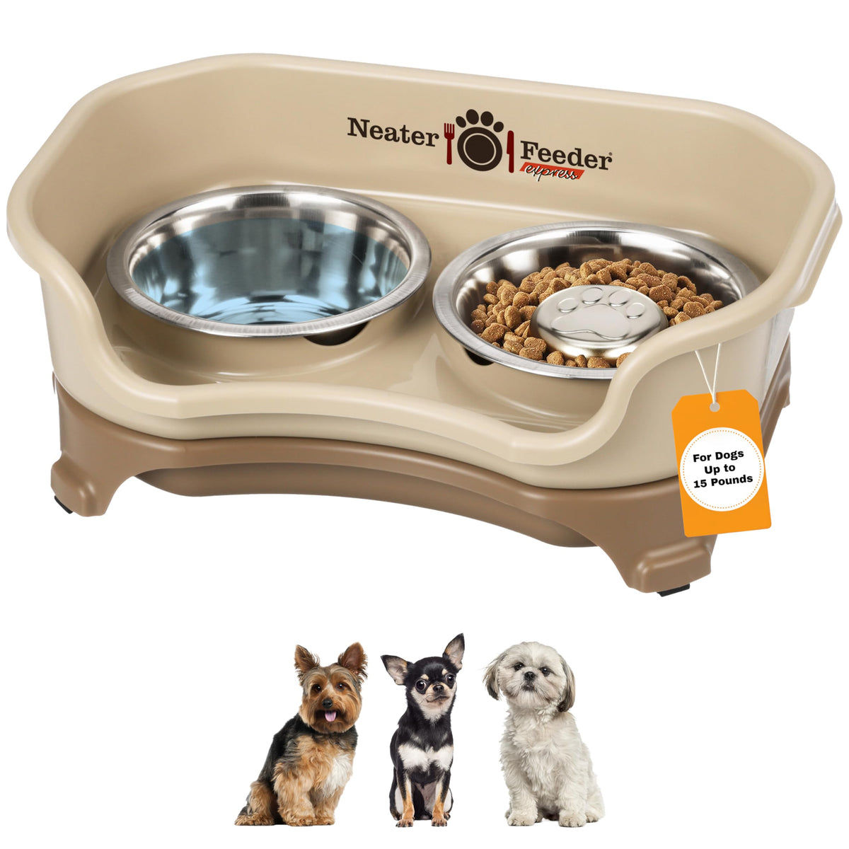Neater Feeder Express Mess Proof Dog Bowls Elevated for Small Breeds under 15 Lb, Made in USA, No Spill Raised Dog Food Bowl Stand, Stainless Steel Food and Water Bowl Set, Feeding Station, Cappuccino