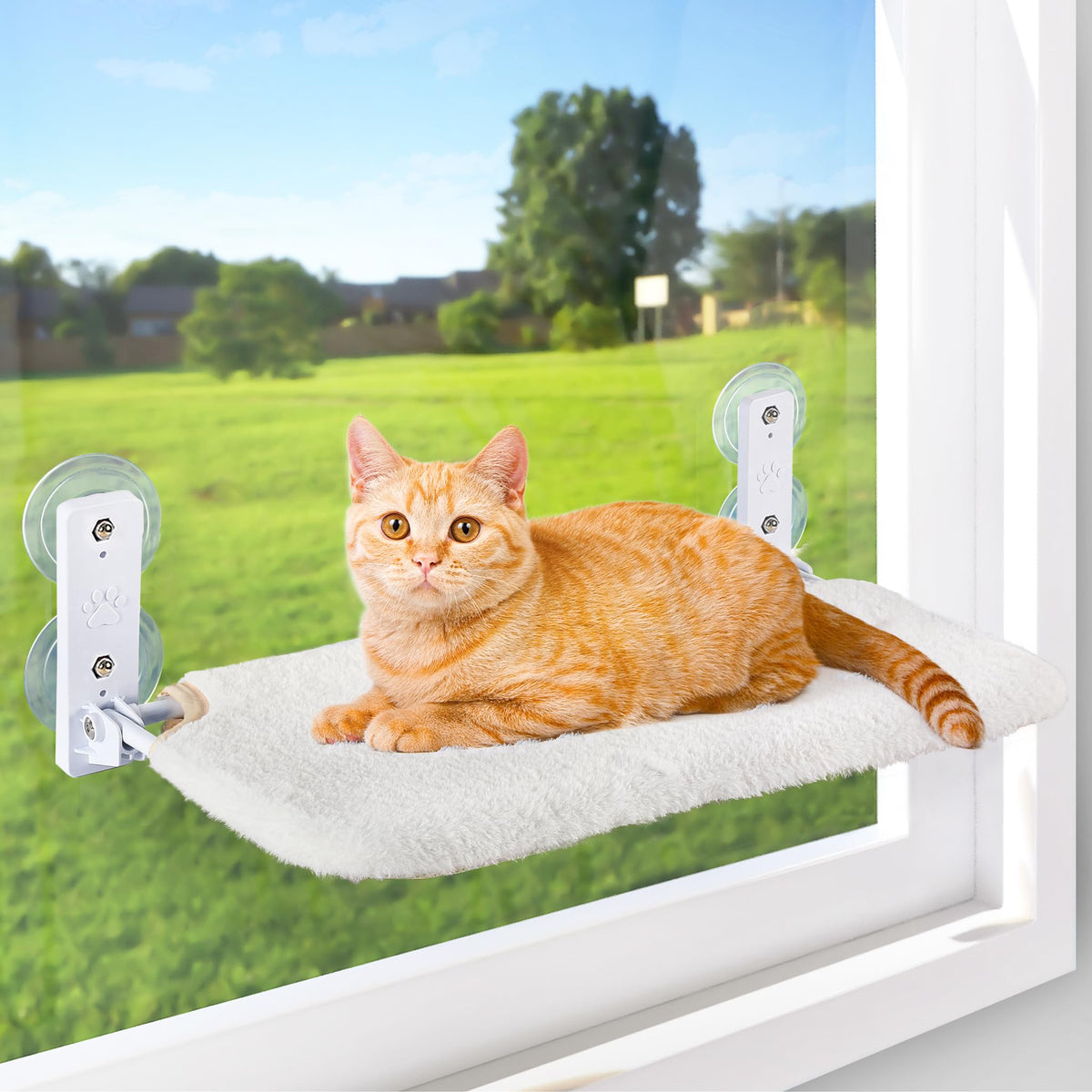 AMOSIJOY Cordless Cat Window Perch with Cushion Bed Metal Frame, L White