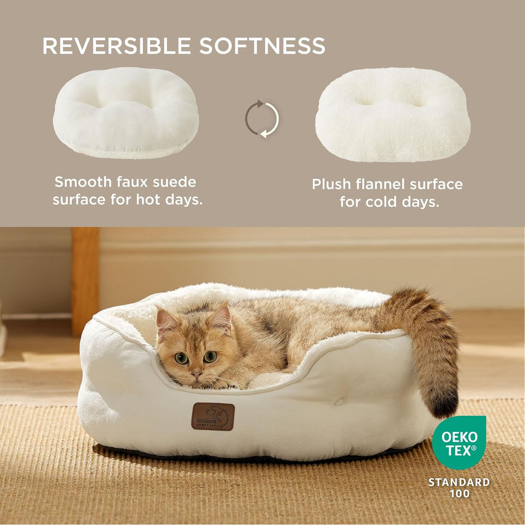 Bedsure Small Dog Bed Washable,Round Cat Beds for Indoor Cats,20in Ivory