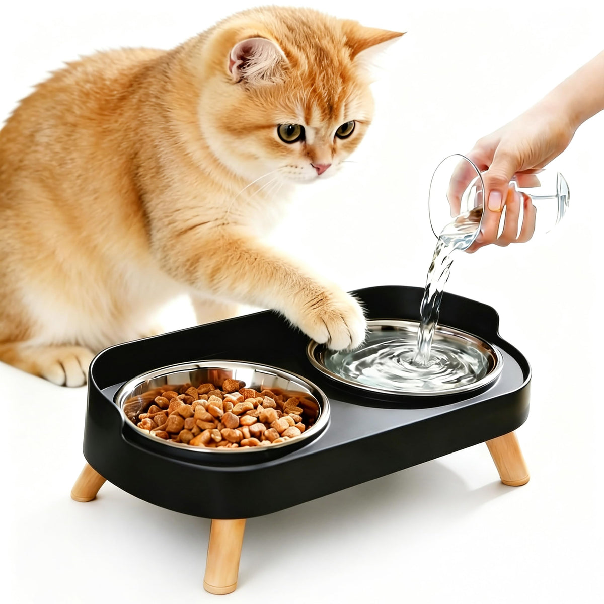 Elevated Cat Bowls with Food Mat, Splash Proof Anti Vomiting Raised Cat Food and Water Bowl Set, 2 Stainless Steel Dishes for Cats and Puppy, Pet Bowl for Indoor Cats White