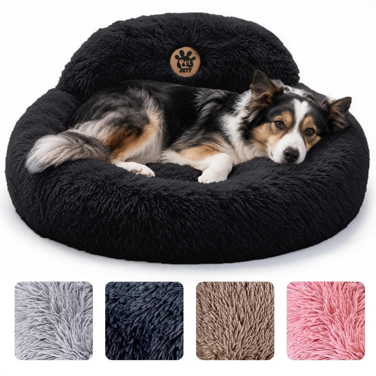 PetJett Calming Dog Bed Medium Size Dog - 30'' Donut Bed, Washable Dog Bed - Anti-Slip & Super Soft Fluffy Plush Round Dog Bed, Anti-Anxiety Premium Comfort Pet Bed, Fits Dogs Upto 45 lbs - Dark Grey
