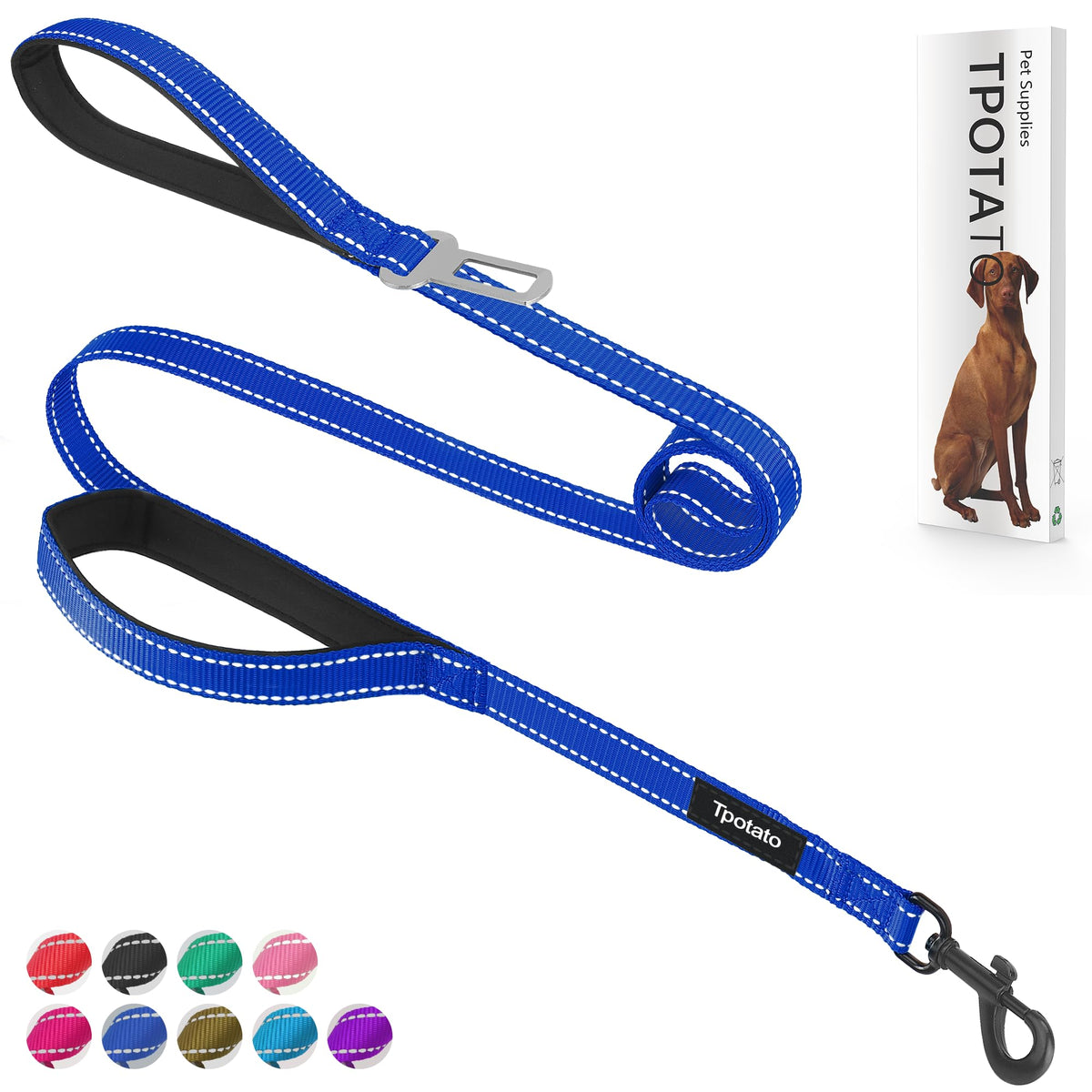 6 Foot Black Dog Leashes for Large Medium and Small Breed Dogs That Pull,Reflective Nylon Heavy Duty Dog Leash with 2 Comfortable Padded Traffic Handles and Car Seat Belt for Walking and Training