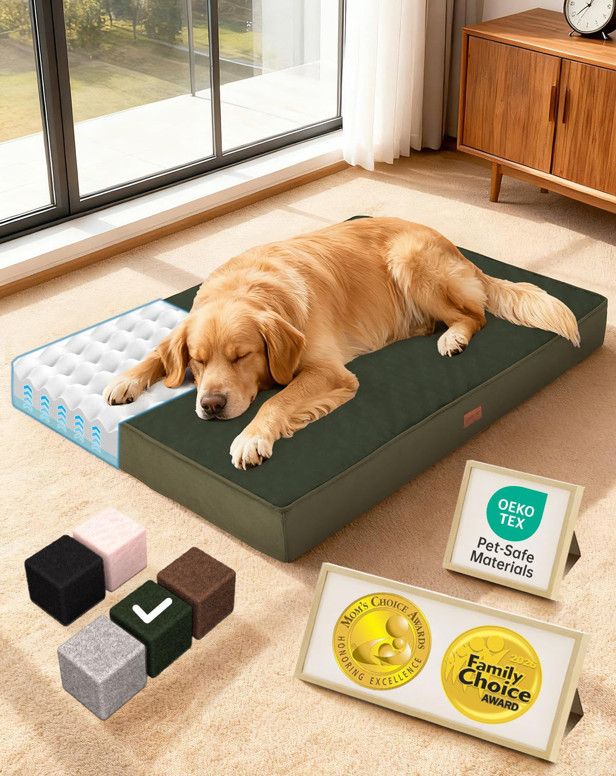 OhGeni Orthopedic Large Dog Bed, Reversible Memory Foam, 41 inch-XL(Gray)