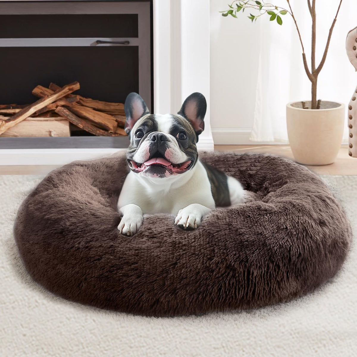 JOLLYVOGUE Small Dog Bed, Calming Dog Beds for Small Dogs & Indoor Cats - 20 Inches Donut Washable Cat Bed for Kittens & Puppies, Round Fluffy Plush Faux Fur Pet Beds(Smoke Grey)