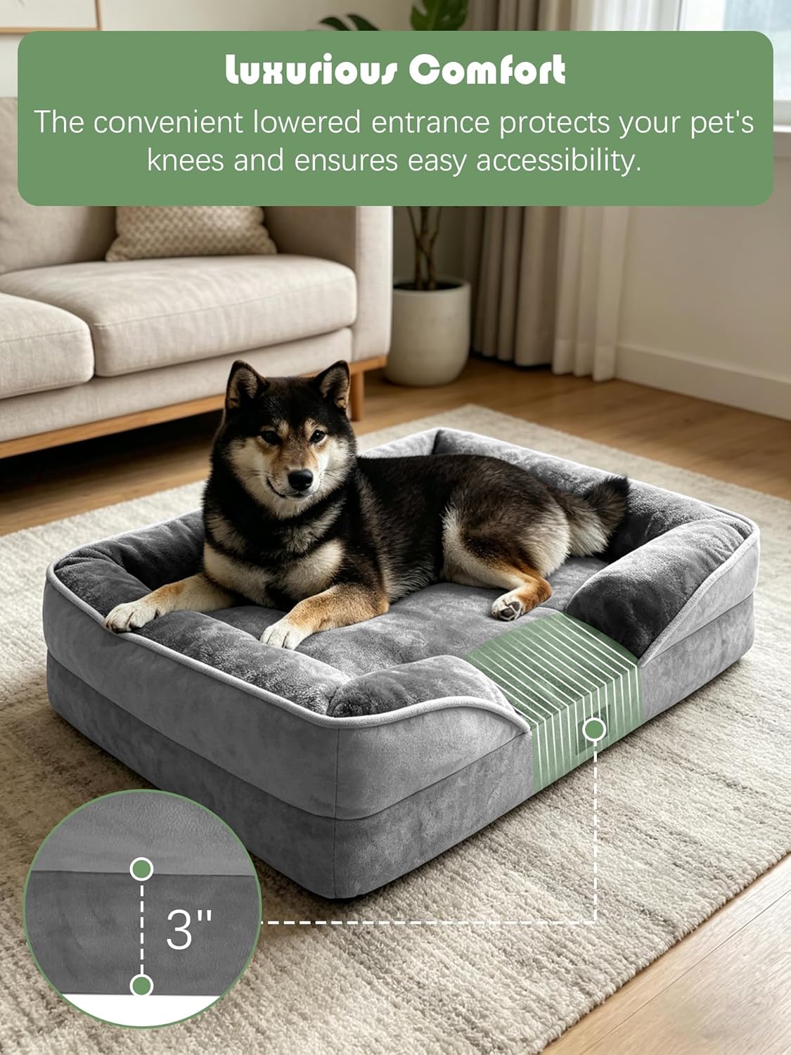 Spotted Play Orthopedic Dog Bed with Sides - Dog Sofa Beds for Medium Dogs, Supportive Foam Pet Couch Bed with Washable Removable Cover, Waterproof Lining and Non-Slip Bottom, Grey - M