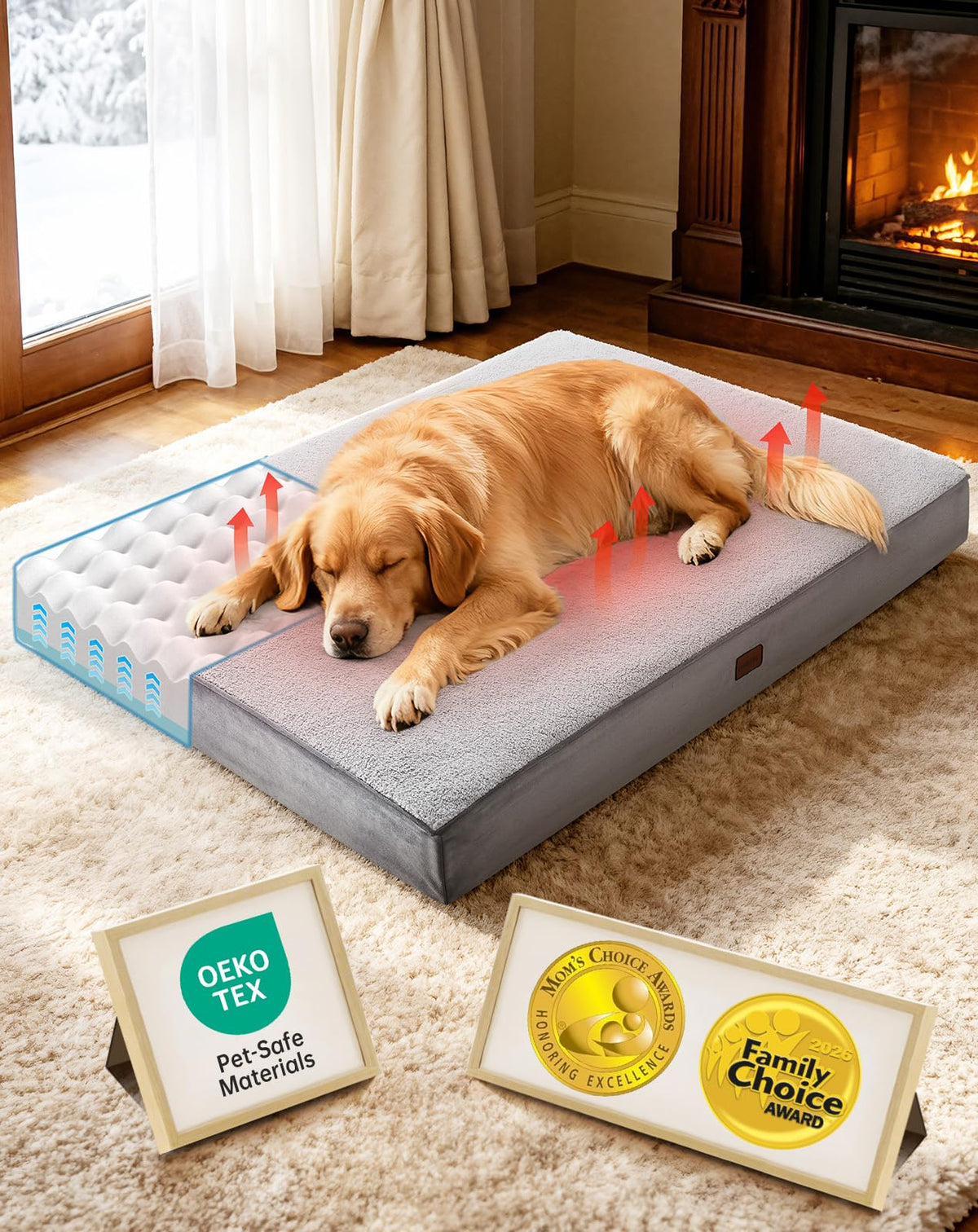 OhGeni Orthopedic Large Dog Bed, Reversible Memory Foam, 41 inch-XL(Gray)