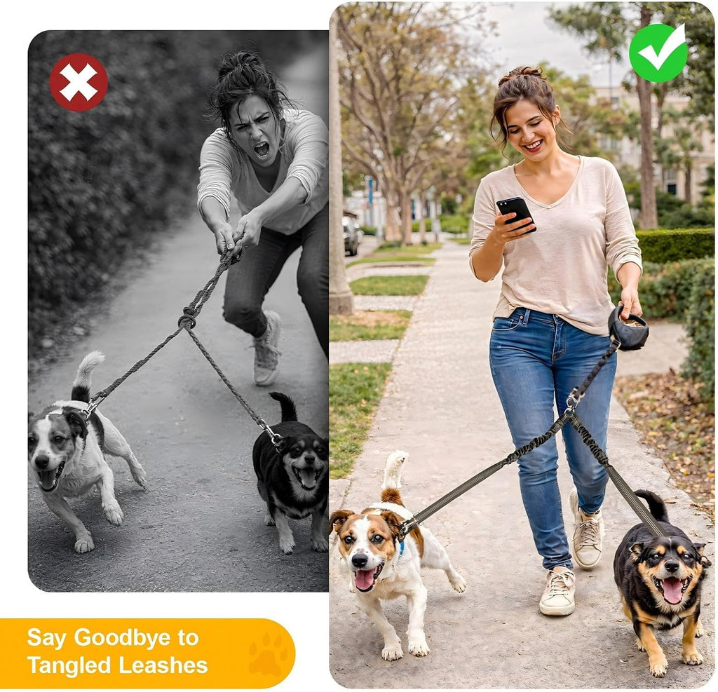 Double Dog Leash for Two Dogs, Professional No Tangle 360° Swivel Coupler with Shock Absorbing Bungee, Adjustable Length Dual-Sided Reflective Two Dogs Lead Splitter for Small Medium Large Dog