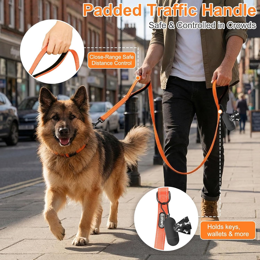 Heavy Duty Dog Leash with 2 Comfortable Padded Handles, 6FT Traffic Handle Extra Control, Highly Reflective Threads Leash for Small/Medium/Large Dogs (Orange)