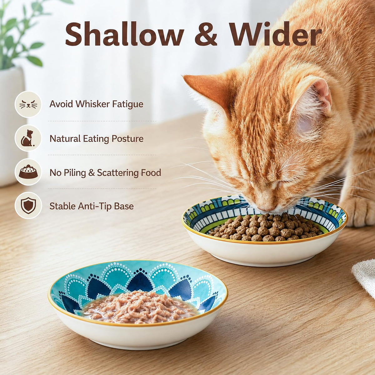 Ceramic Cat Bowls Set of 6 - Colorful Cute Shallow Cat Dishes - Great for Multi-Pet Homes - 5.6 Inch, Whisker Friendly and Wide - Microwave & Dishwasher Safe - 5.3 oz (185 ml)
