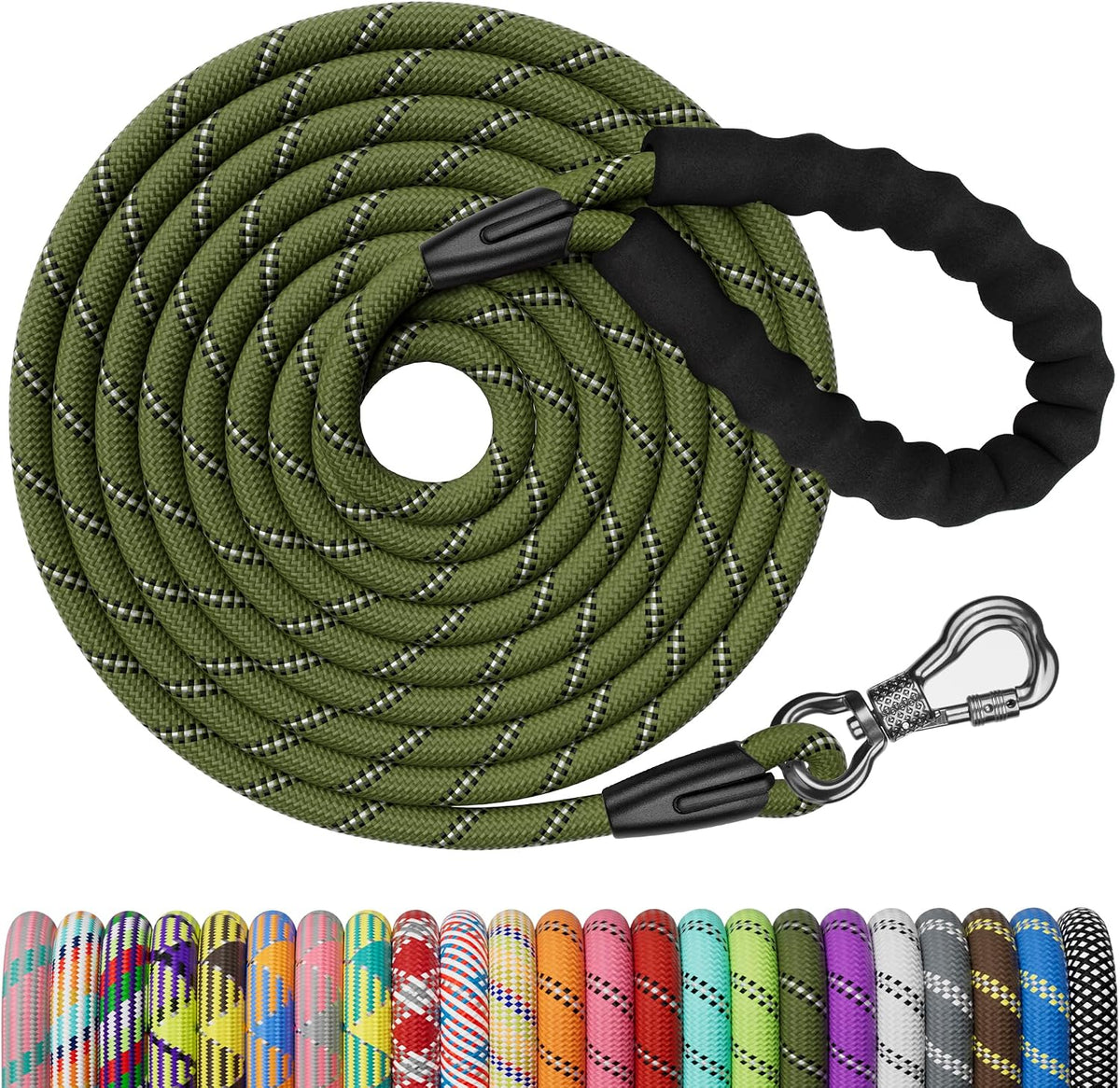 NTR Heavy Duty Dog Leash, 15FT Training Leash with Swivel Lockable Hook, Padded Handle and Highly Reflective Threads, Long Lead for Walking, Hunting, Camping, Backyard for Small Medium Large Dog