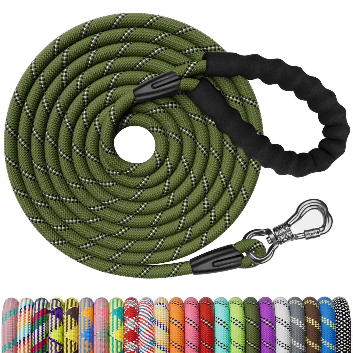 NTR Heavy Duty Dog Leash, 15FT Training Leash with Swivel Lockable Hook, Padded Handle and Highly Reflective Threads, Long Lead for Walking, Hunting, Camping, Backyard for Small Medium Large Dog