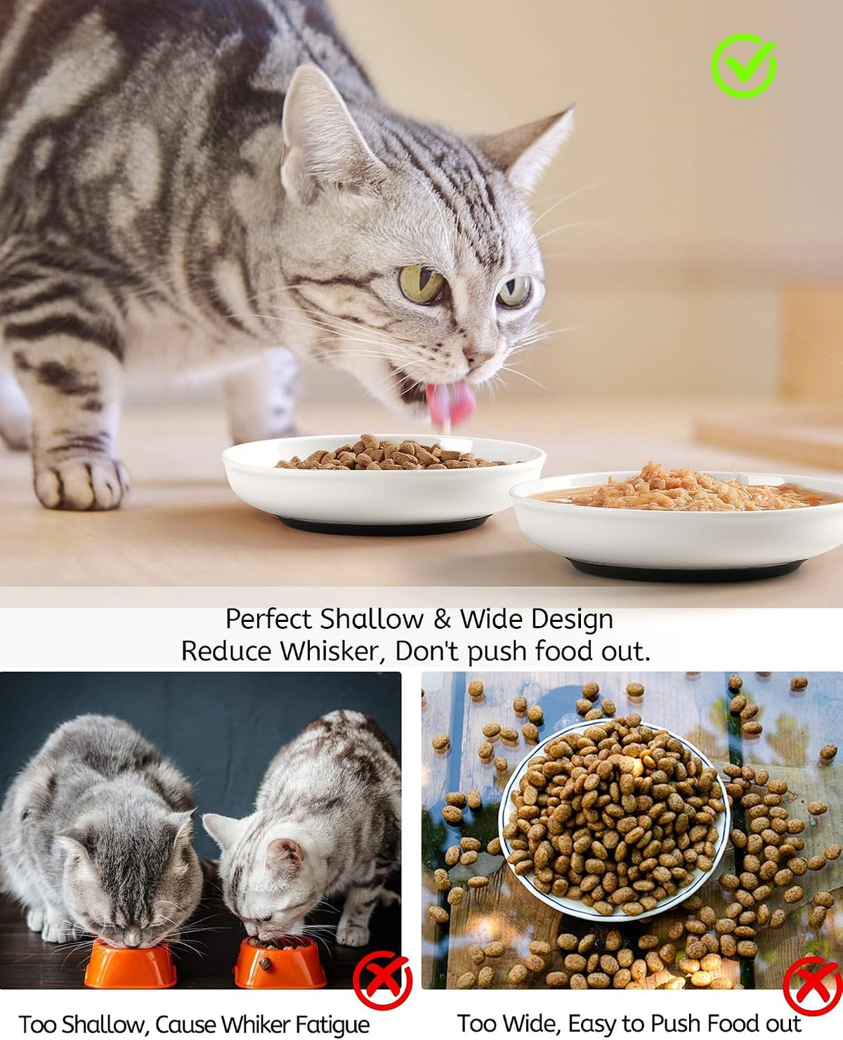 WROSWT No Spill Cat Bowls,Cat Food Bowl,Anti Whisker Fatigue Healthy Ceramic Cats Dishes Set for Indoor Cats,Shallow Wide Kitten Plates for Food and Water,Non-Slip Silicone Bottom,3 Pack