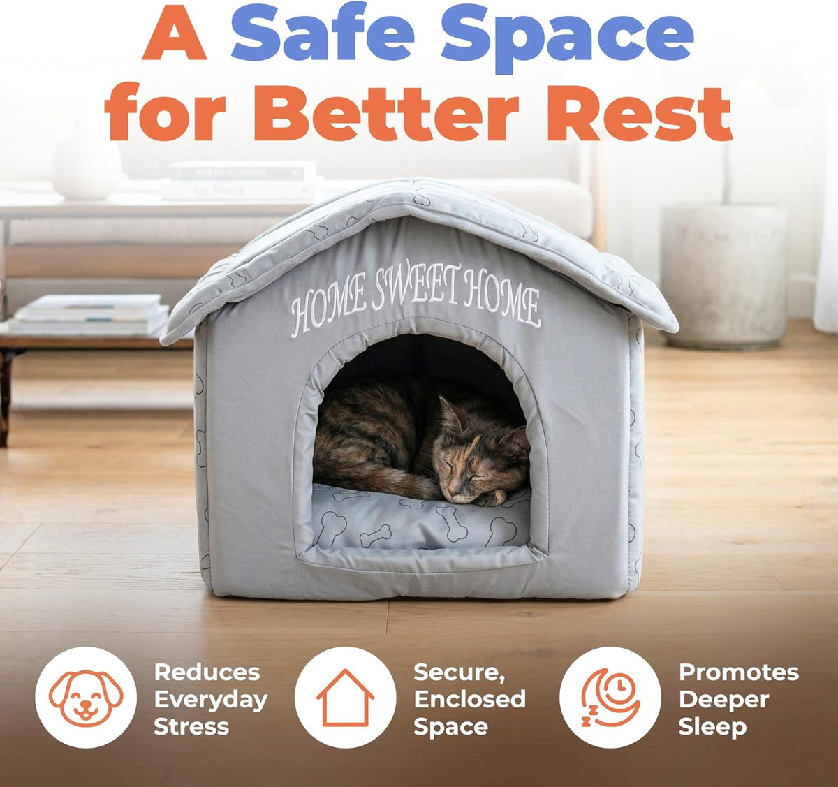 Best Pet Supplies Cat Bed for Indoor Cat, Domed Tent House with Removable Pillow, Covered Cat Cave for Small Dog, Puppies and All Breeds of Cats - Silver w/ Bones, 16 x 16 x H:14"