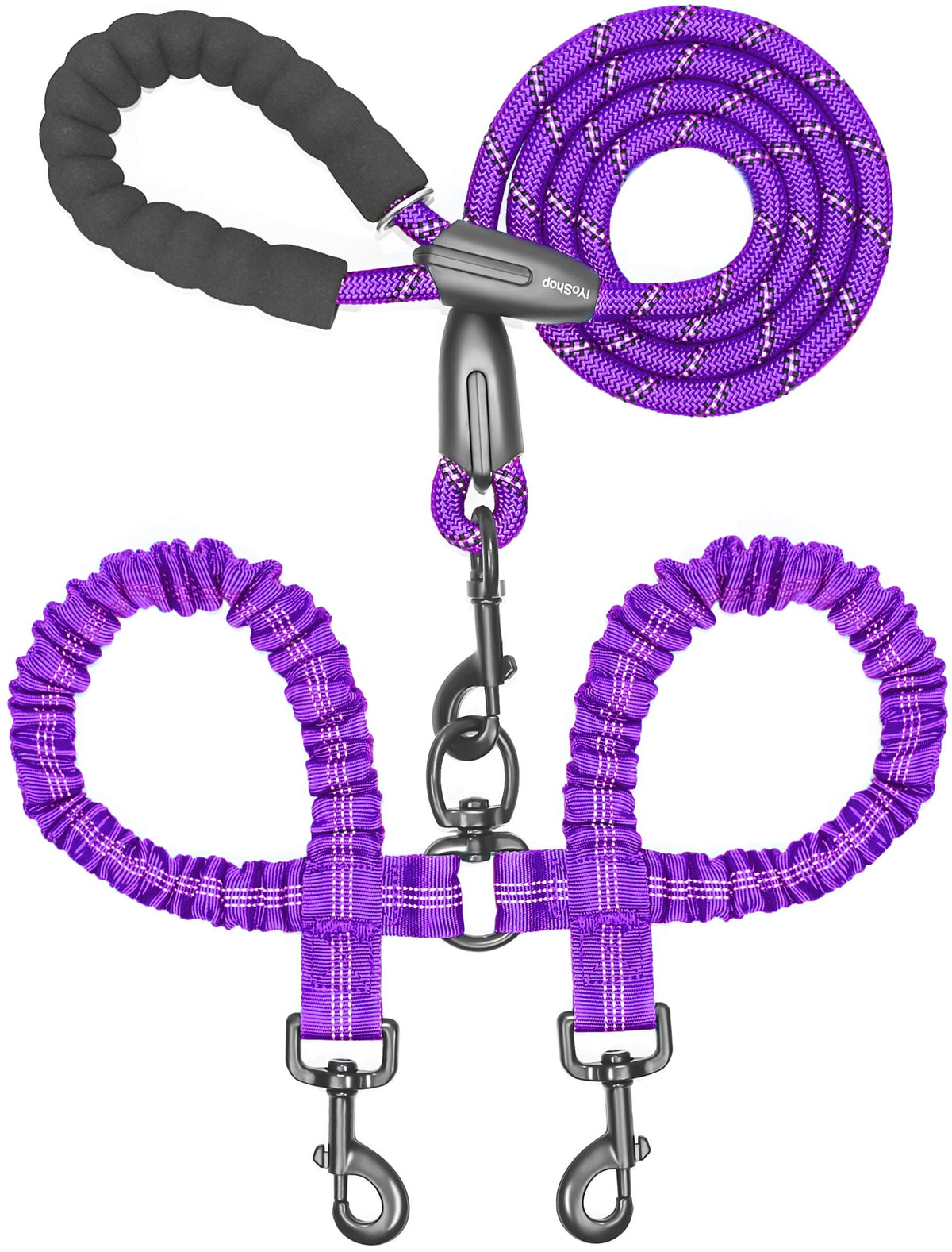 iYoShop Double Dog Leash, 360° Swivel, No Tangle, Large, 25-150 lbs, Black