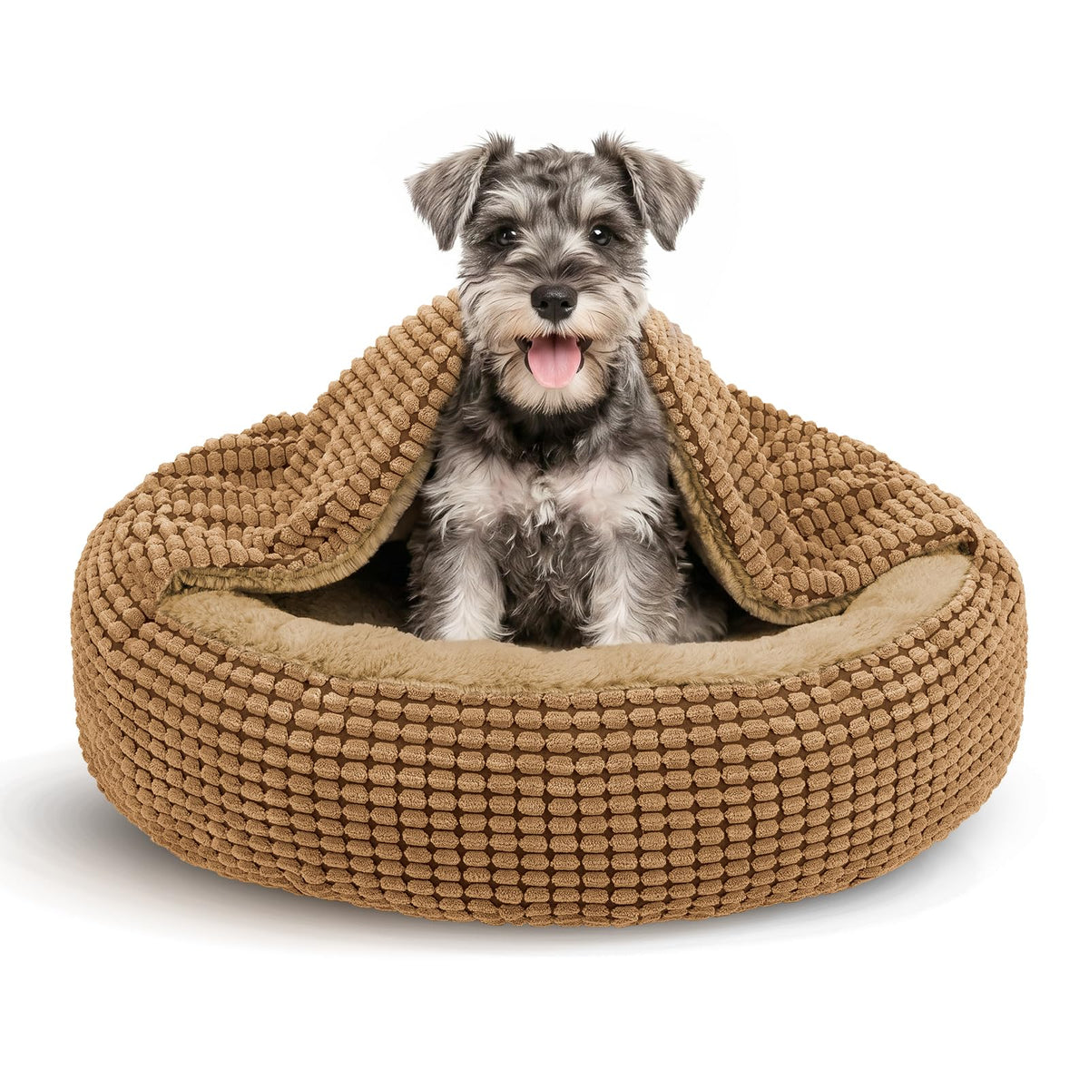 Small Dog Bed with Attached Blanket, Cozy Donut Cuddler Anti-Anxiety Hooded Pet Beds Calming Cave Bed. Orthopedic Round Puppy Beds for Dogs or Cats Washable, Anti-Slip Bottom, 23inch