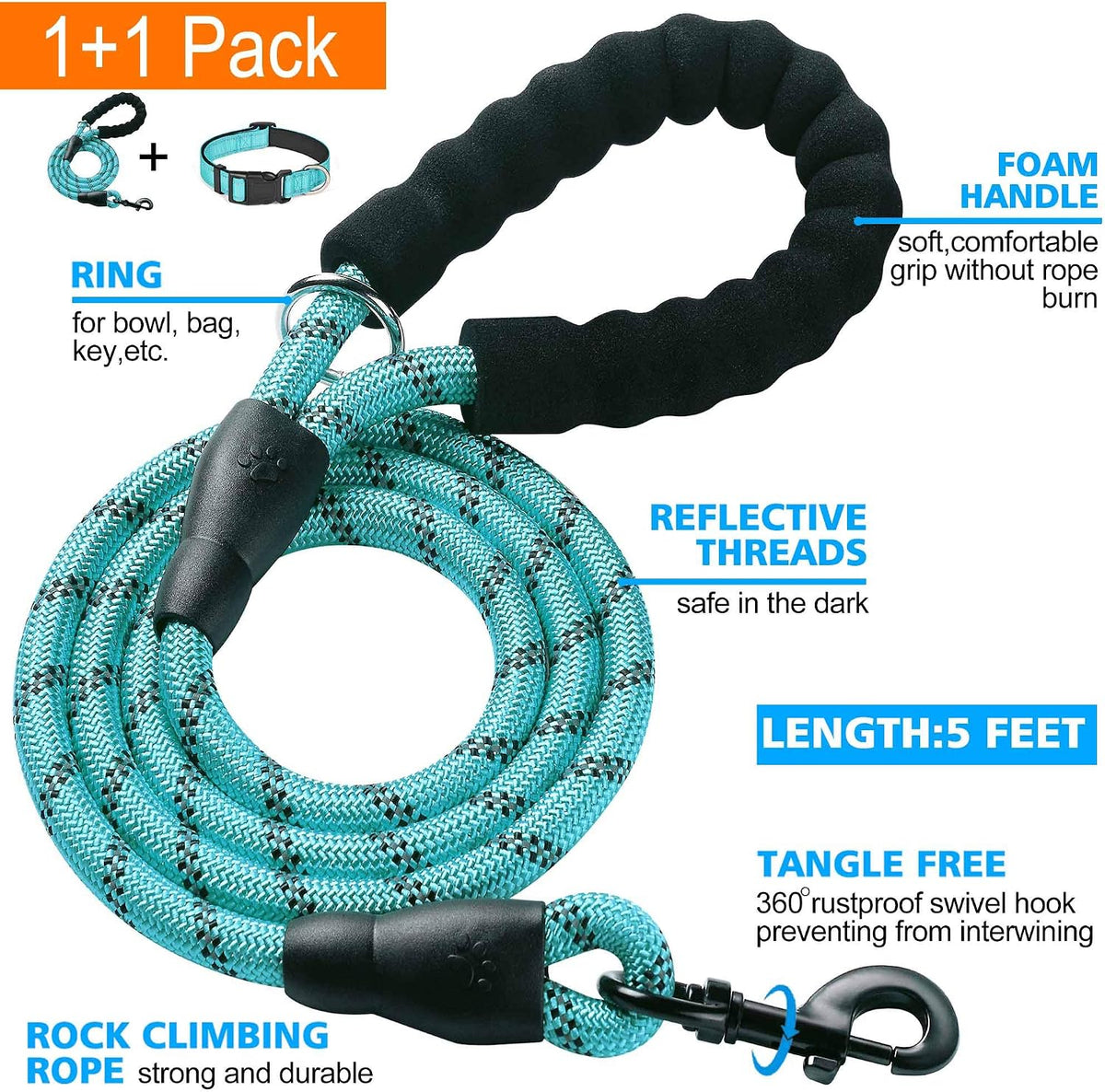Ladoogo Reflective Dog Collar Padded with Soft Neoprene, Medium, Turquoise