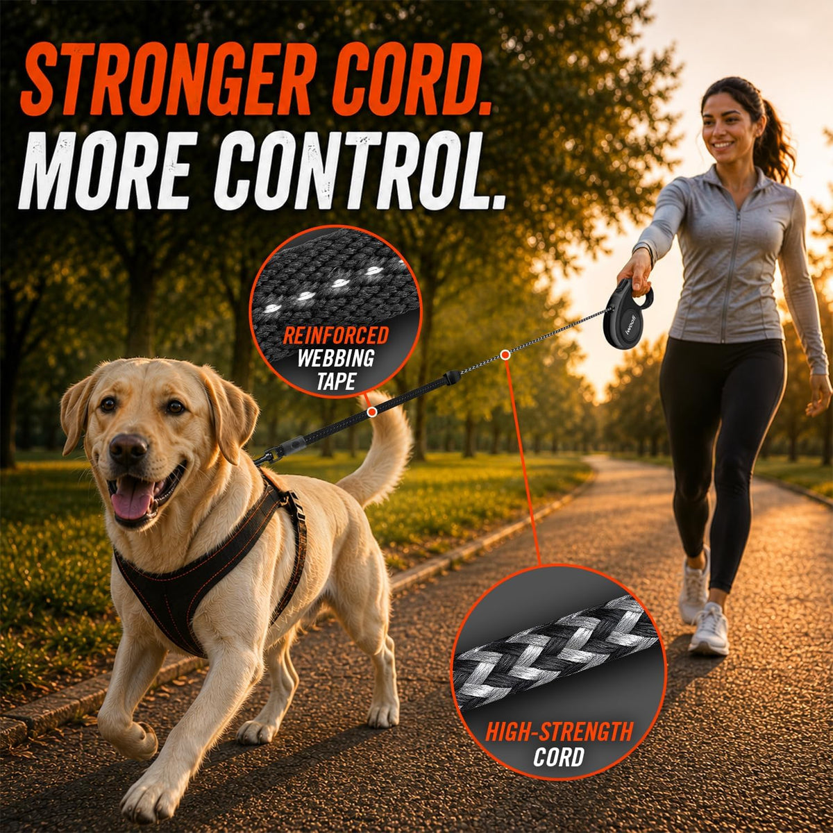 22.6 FT Retractable Dog Leash for Dogs 5-110 lbs–Reflective Leash with Reinforced Tape & Strong Cord–Quick Lock Button–360° Swivel System–Stainless Steel Spring–Comfortable Anti-Slip Handle BK