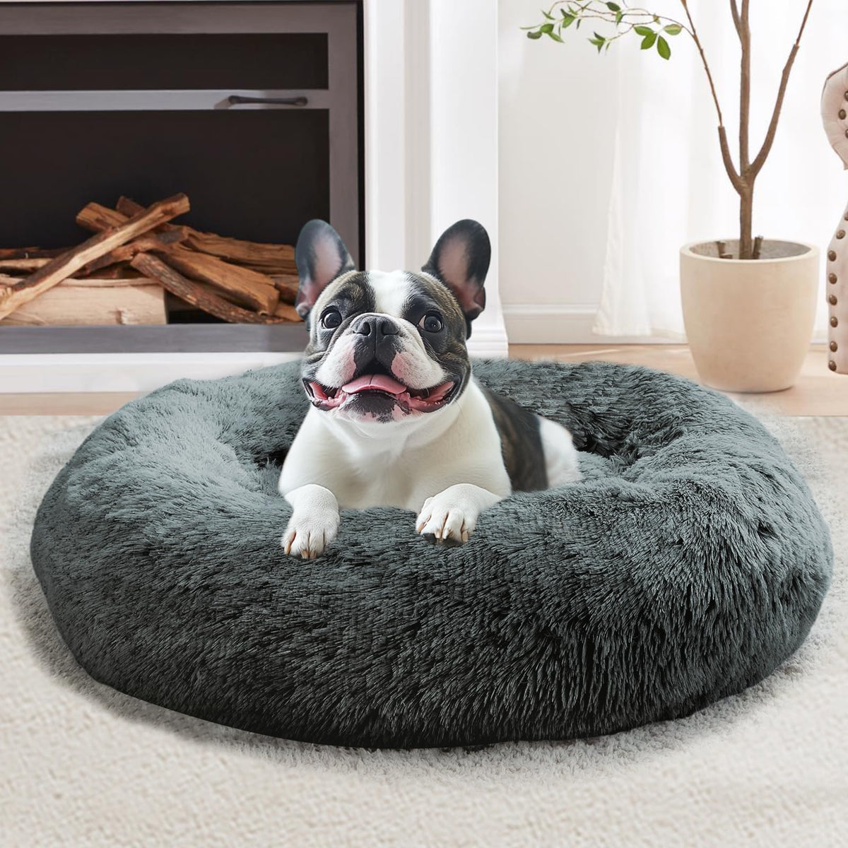 JOLLYVOGUE Small Dog Bed, Calming Dog Beds for Small Dogs & Indoor Cats - 20 Inches Donut Washable Cat Bed for Kittens & Puppies, Round Fluffy Plush Faux Fur Pet Beds(Smoke Grey)