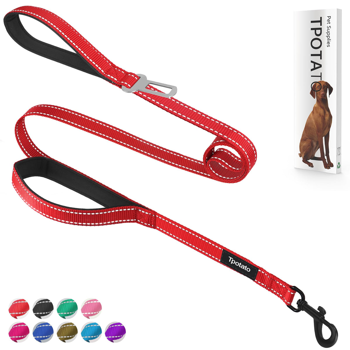 6 Foot Black Dog Leashes for Large Medium and Small Breed Dogs That Pull,Reflective Nylon Heavy Duty Dog Leash with 2 Comfortable Padded Traffic Handles and Car Seat Belt for Walking and Training