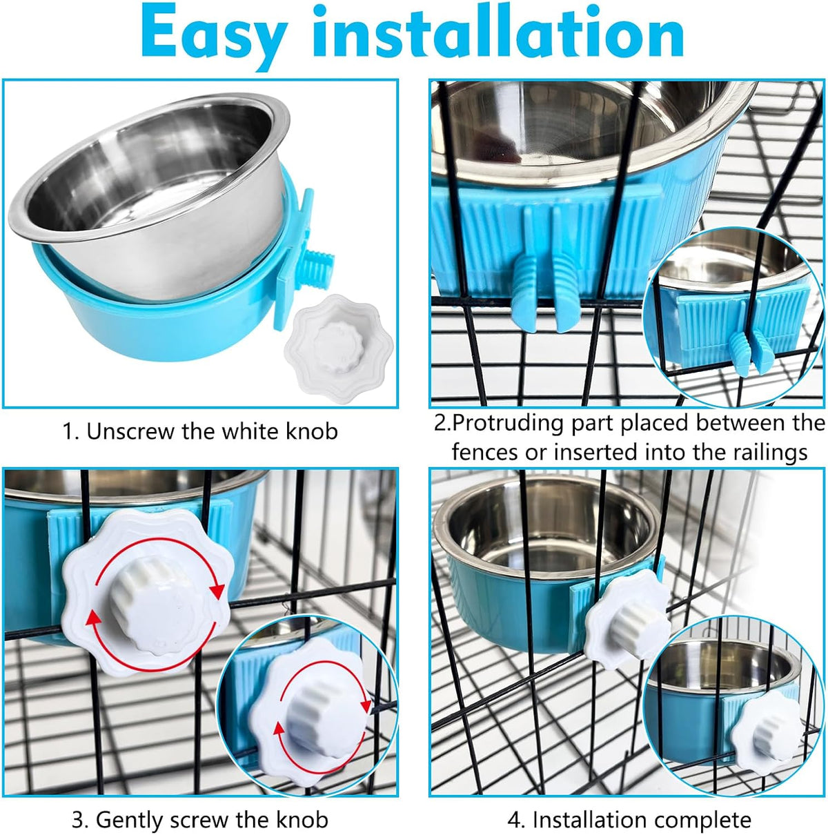 kathson Crate Dog Bowl, Removable Stainless Steel Hanging Pet Kennel Cage Bowl Food & Water Feeder Coop Cup for Puppy, Cat, Rabbit, Guinea Pigs Ferret Bird (2 PCS, Size: M, Blue and Green)