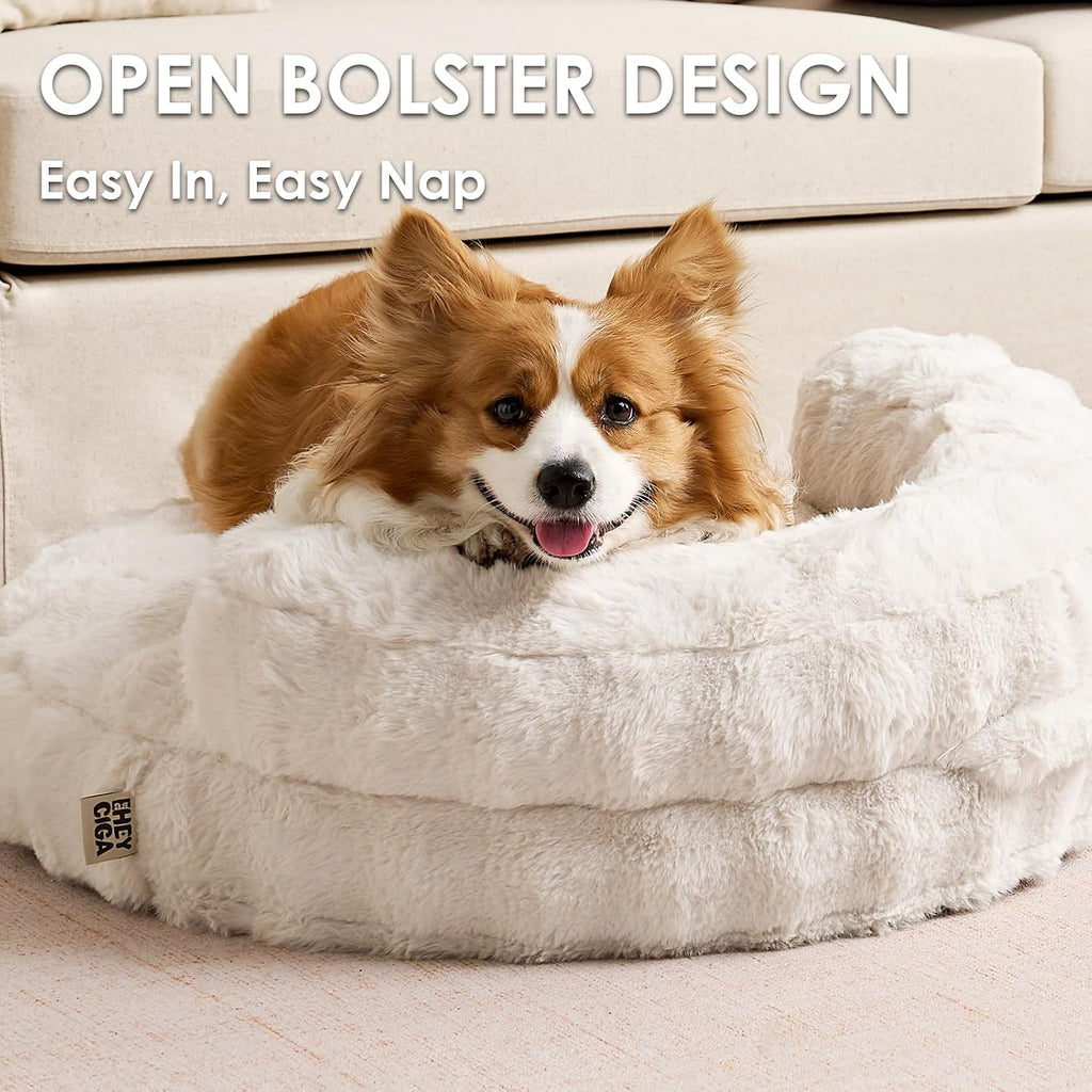 EHEYCIGA Dog Bed Medium Size Dog, Fluffy Small Dog Couch with Removable Washable Cover, Bolster Pet Sofa, Waterproof and Non-Slip, 30" x 30"x 8.5", Cream