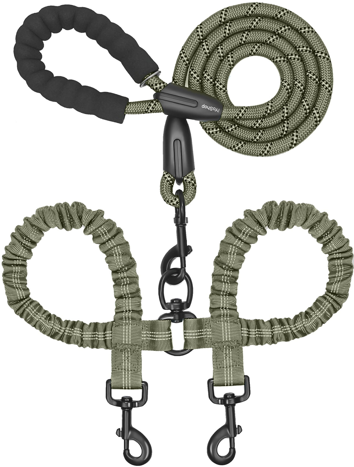 iYoShop Double Dog Leash, 360° Swivel, No Tangle, Large, 25-150 lbs, Black